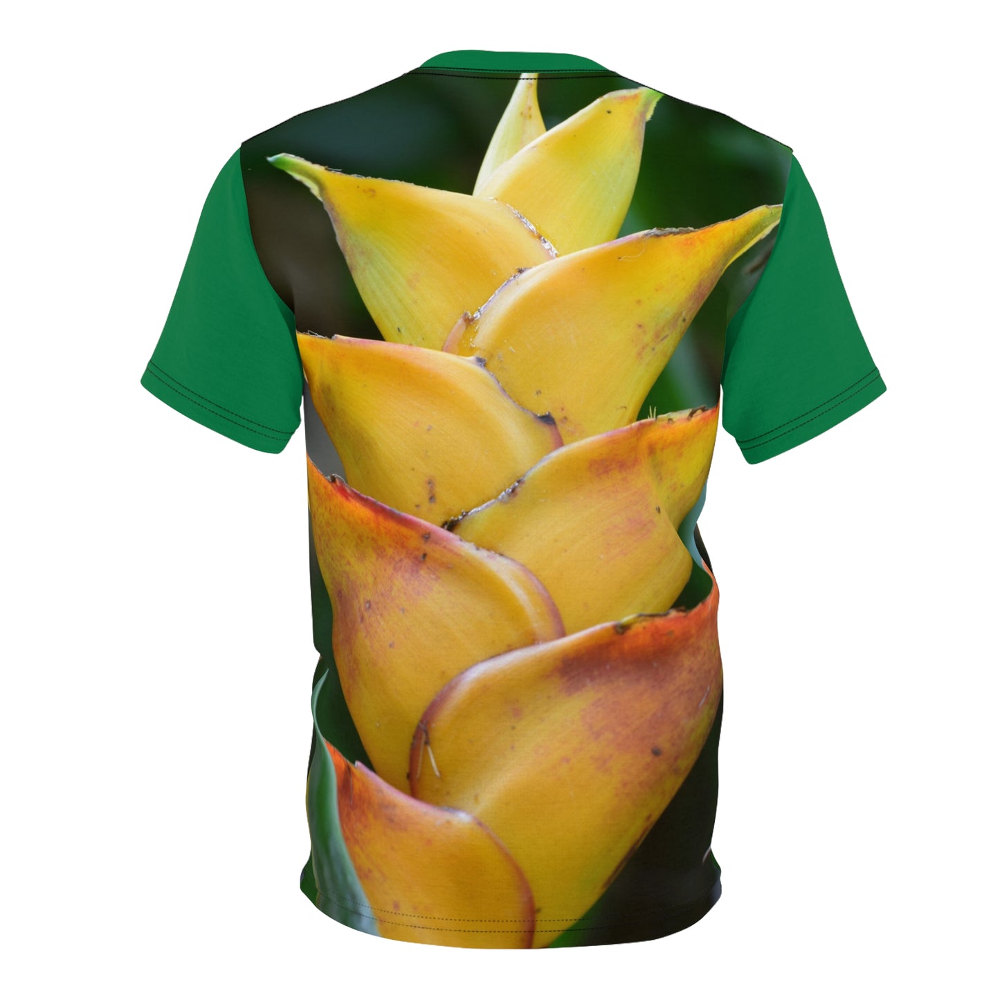 Unisex Cut & Sew Tee (AOP) -  In El Yunque rainforest road - the Heliconia flower shines like a sun!