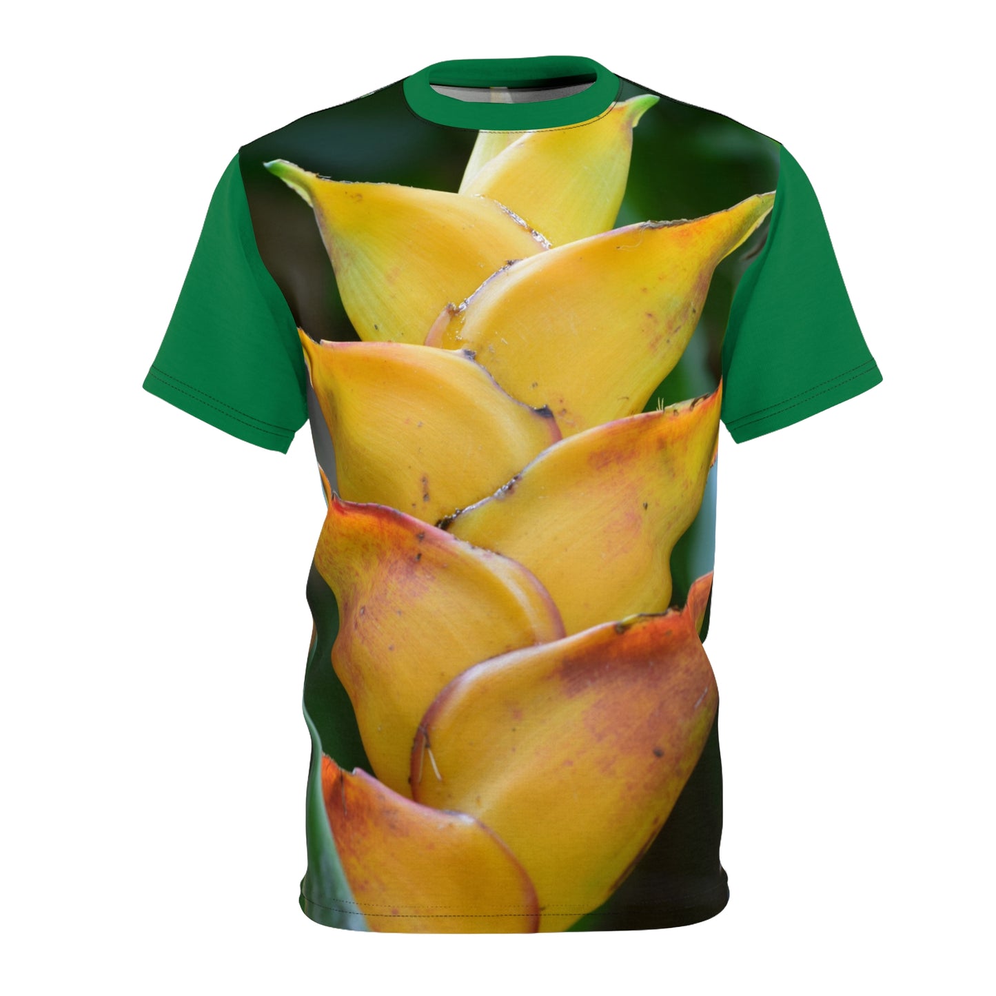 Unisex Cut & Sew Tee (AOP) -  In El Yunque rainforest road - the Heliconia flower shines like a sun!