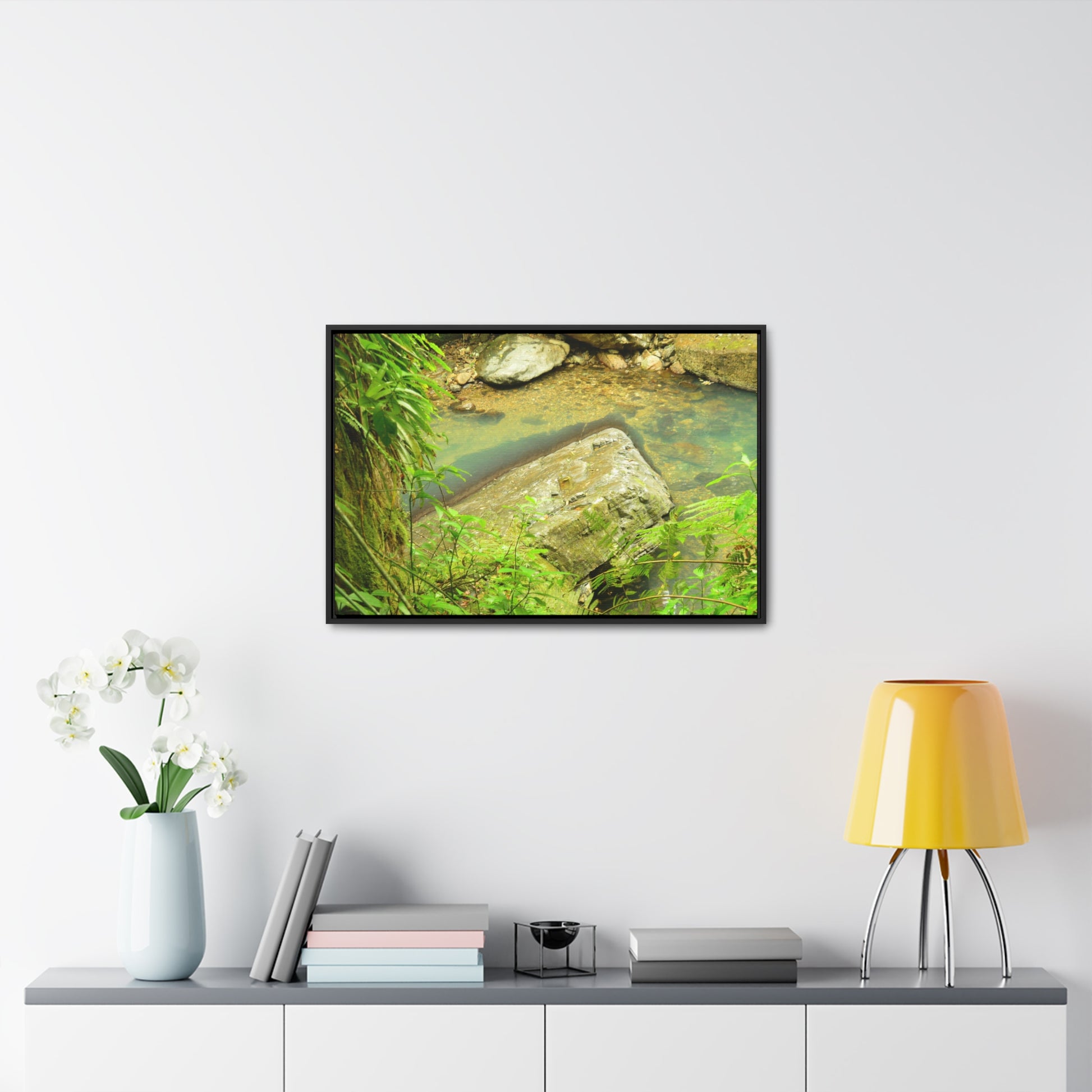 Rainforest Trails & Views - Gallery Canvas Wraps, Horizontal Frame - El Yunque National Forest - Puerto Rico - La Mina River & Trail - huge boulder - Green Forest Home