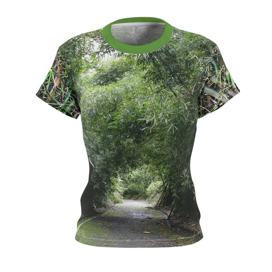 Women's Cut & Sew Tee (AOP) - Entry into the Rainforest - Rio Sabana El Yunque Puerto Rico - Forest road and Hikers enjoy Nature