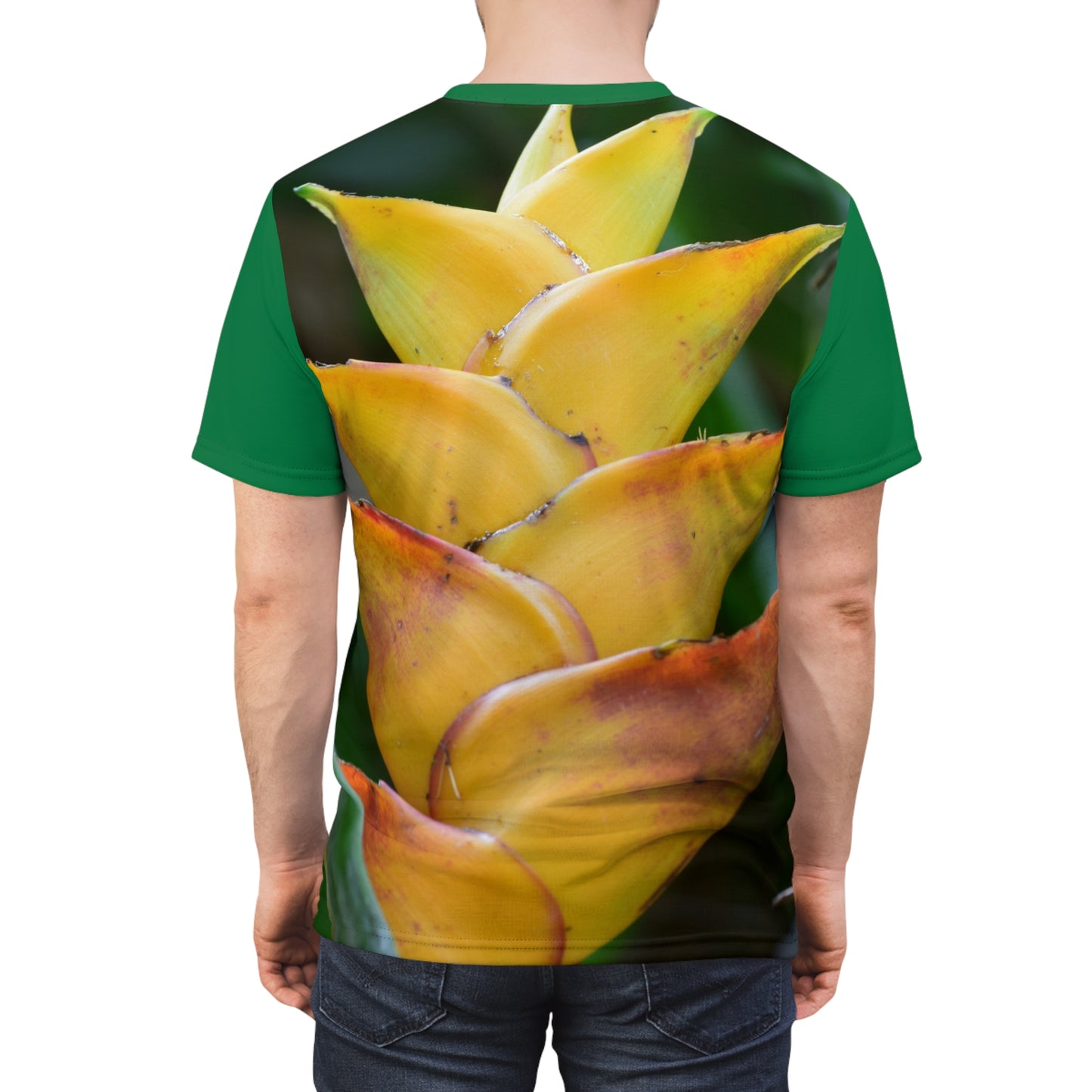 Unisex Cut & Sew Tee (AOP) -  In El Yunque rainforest road - the Heliconia flower shines like a sun!