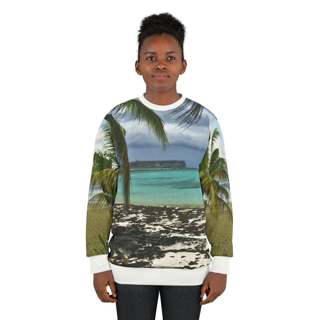 Unisex Sweatshirt (AOP) - Truly Awesome Views of Remote Mona Island - Near Puerto Rico. View of plateau from Pajaros Beach