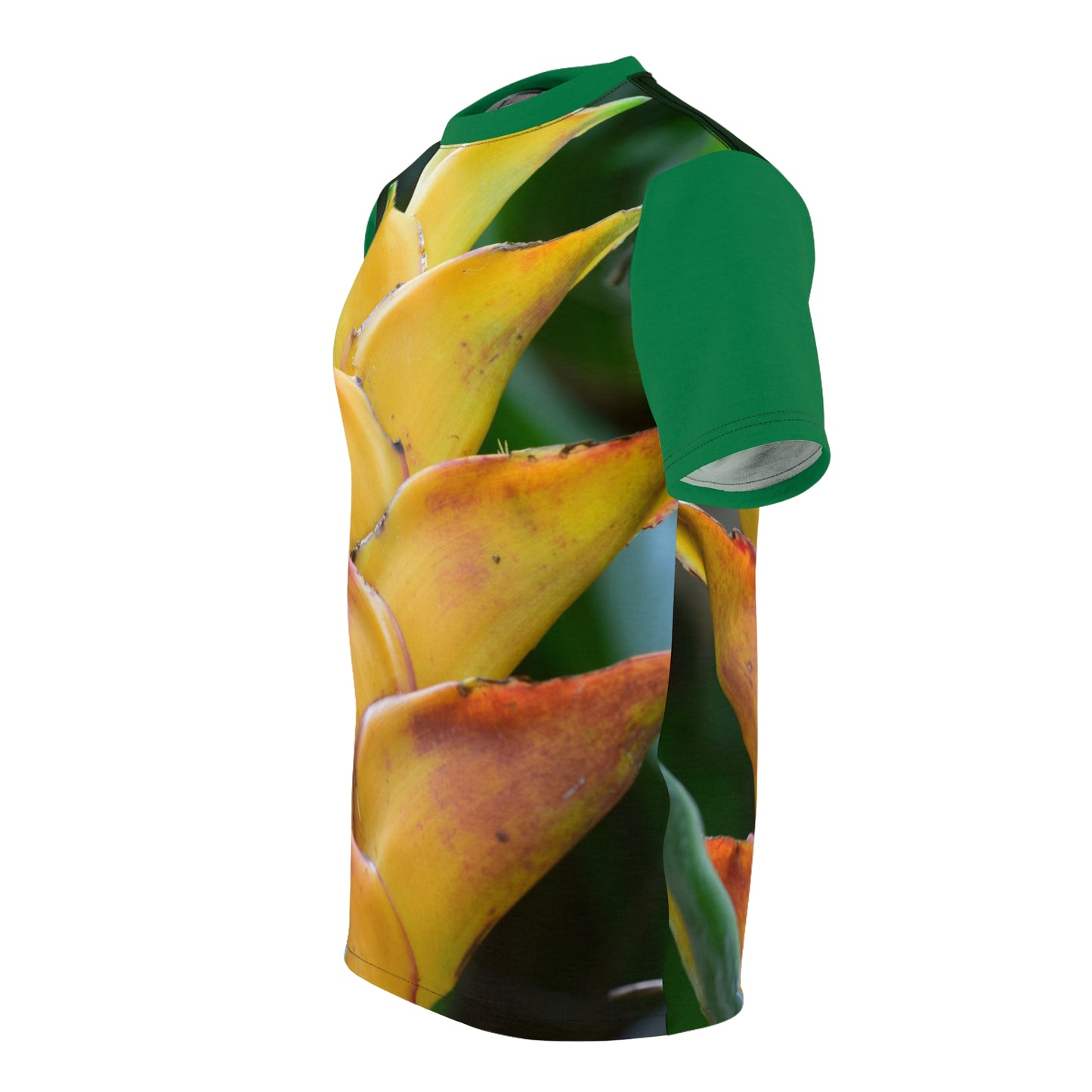 Unisex Cut & Sew Tee (AOP) -  In El Yunque rainforest road - the Heliconia flower shines like a sun!