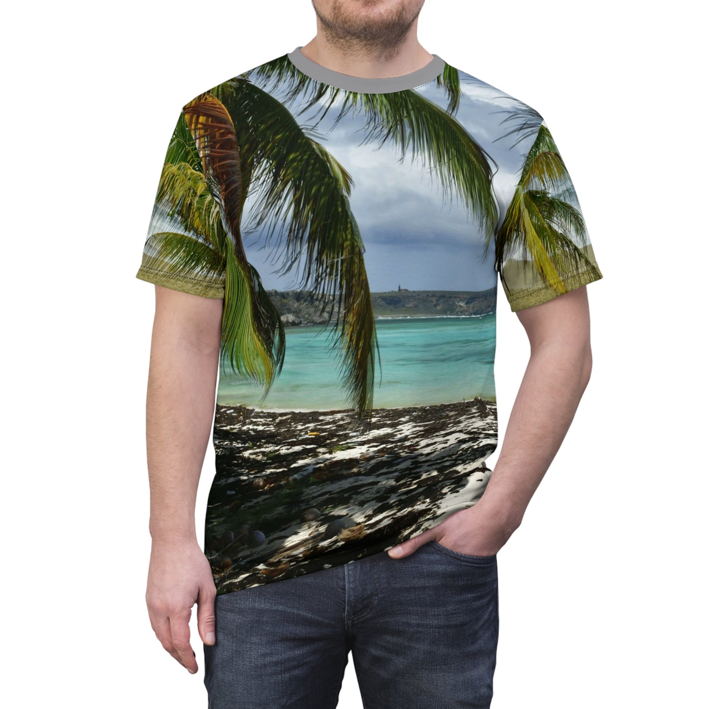 Unisex Cut & Sew Tee (AOP) - Truly Awesome Views of Remote Mona Island - Near Puerto Rico. View of plateau from Pajaros Beach