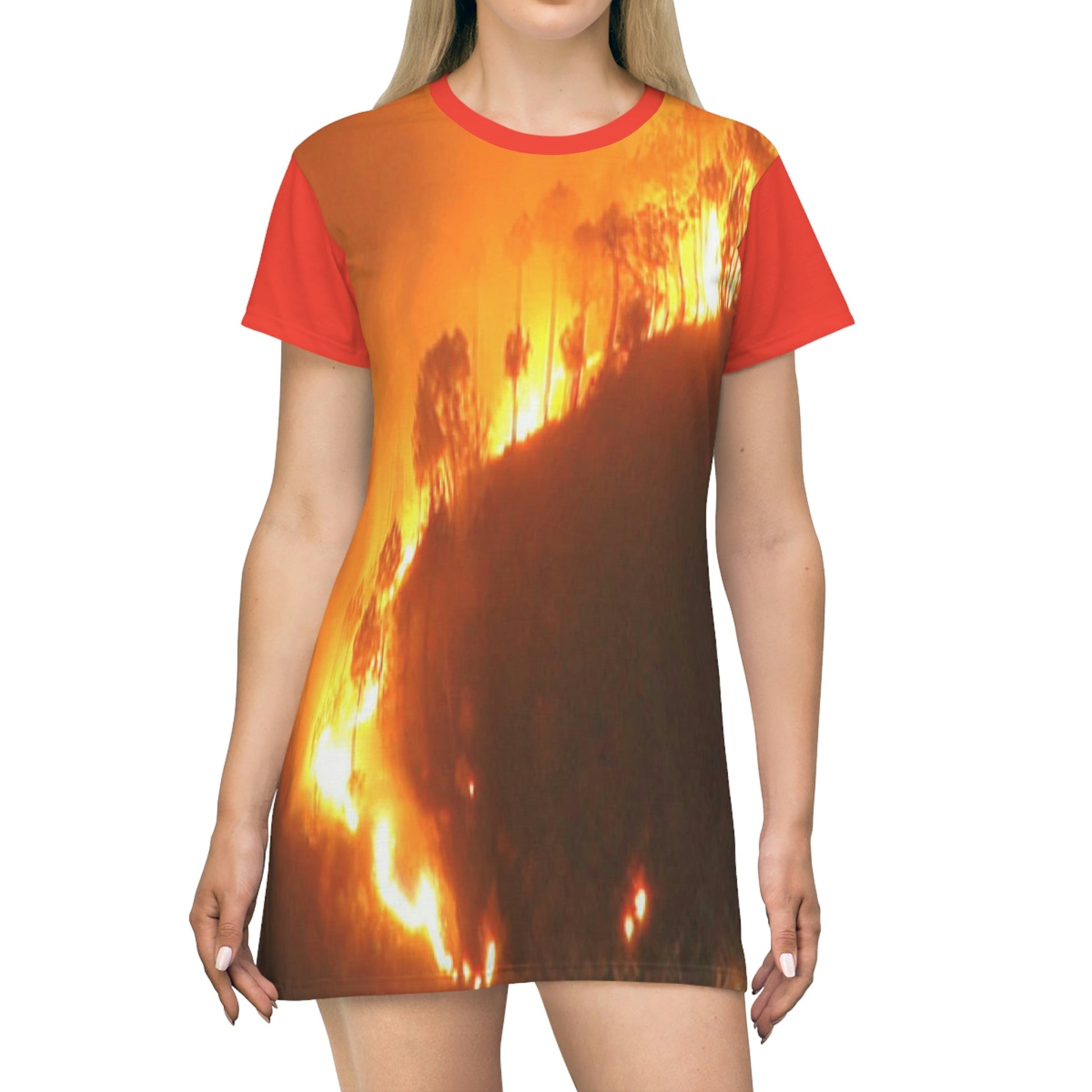 AOP T-shirt Dress - Awesome Global Warming image of huge Amazon forest fires - Small CO2 Keeling curve on back - Green Forest Home