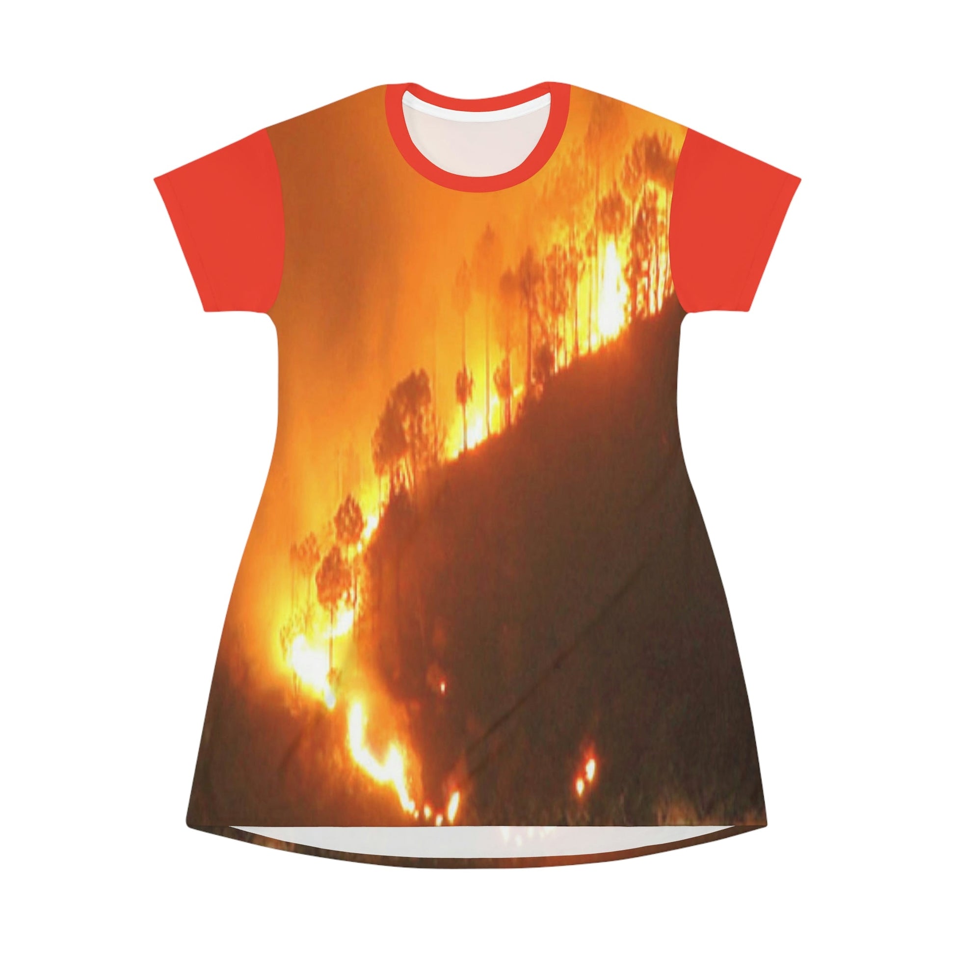 AOP T-shirt Dress - Awesome Global Warming image of huge Amazon forest fires - Small CO2 Keeling curve on back - Green Forest Home