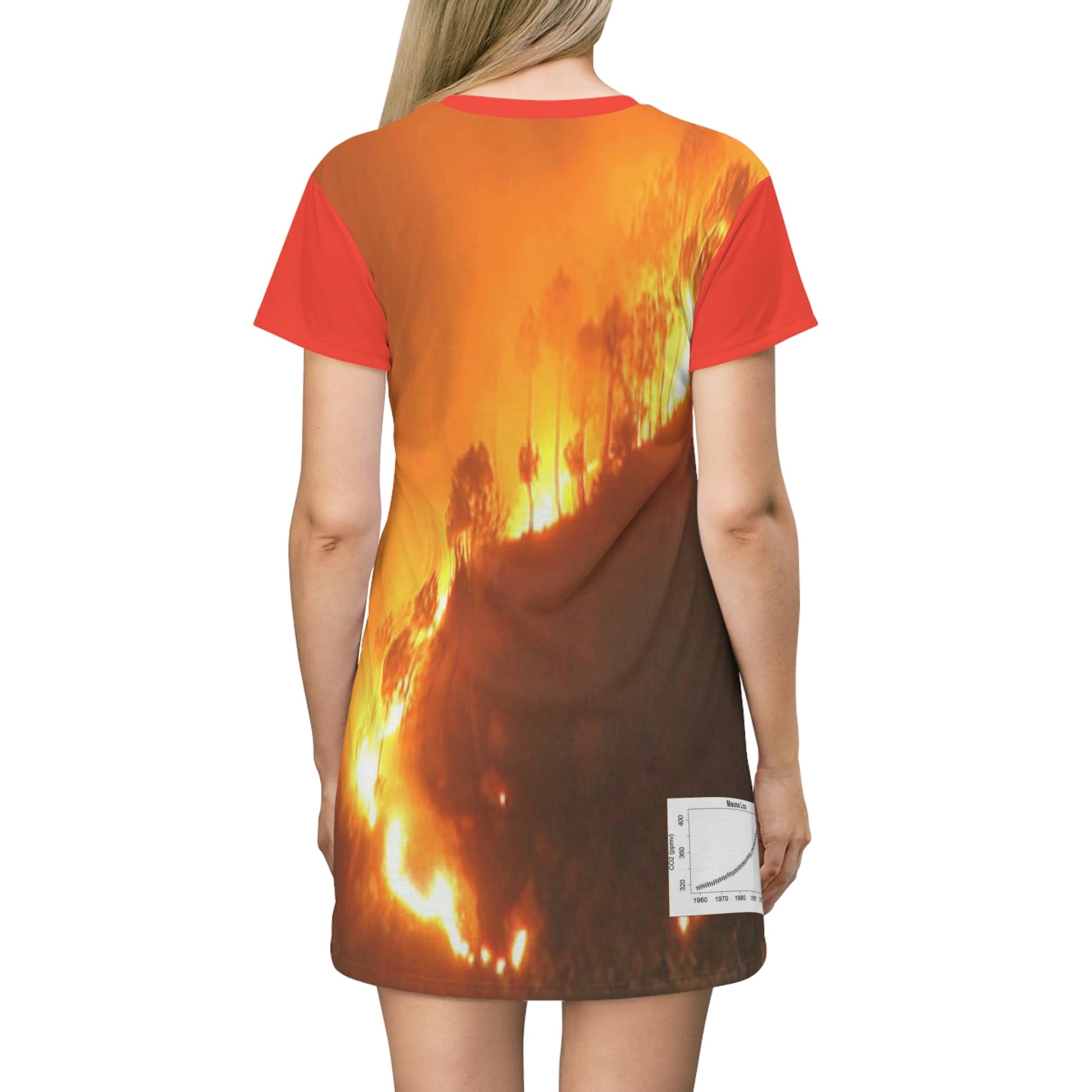 AOP T-shirt Dress - Awesome Global Warming image of huge Amazon forest fires - Small CO2 Keeling curve on back - Green Forest Home