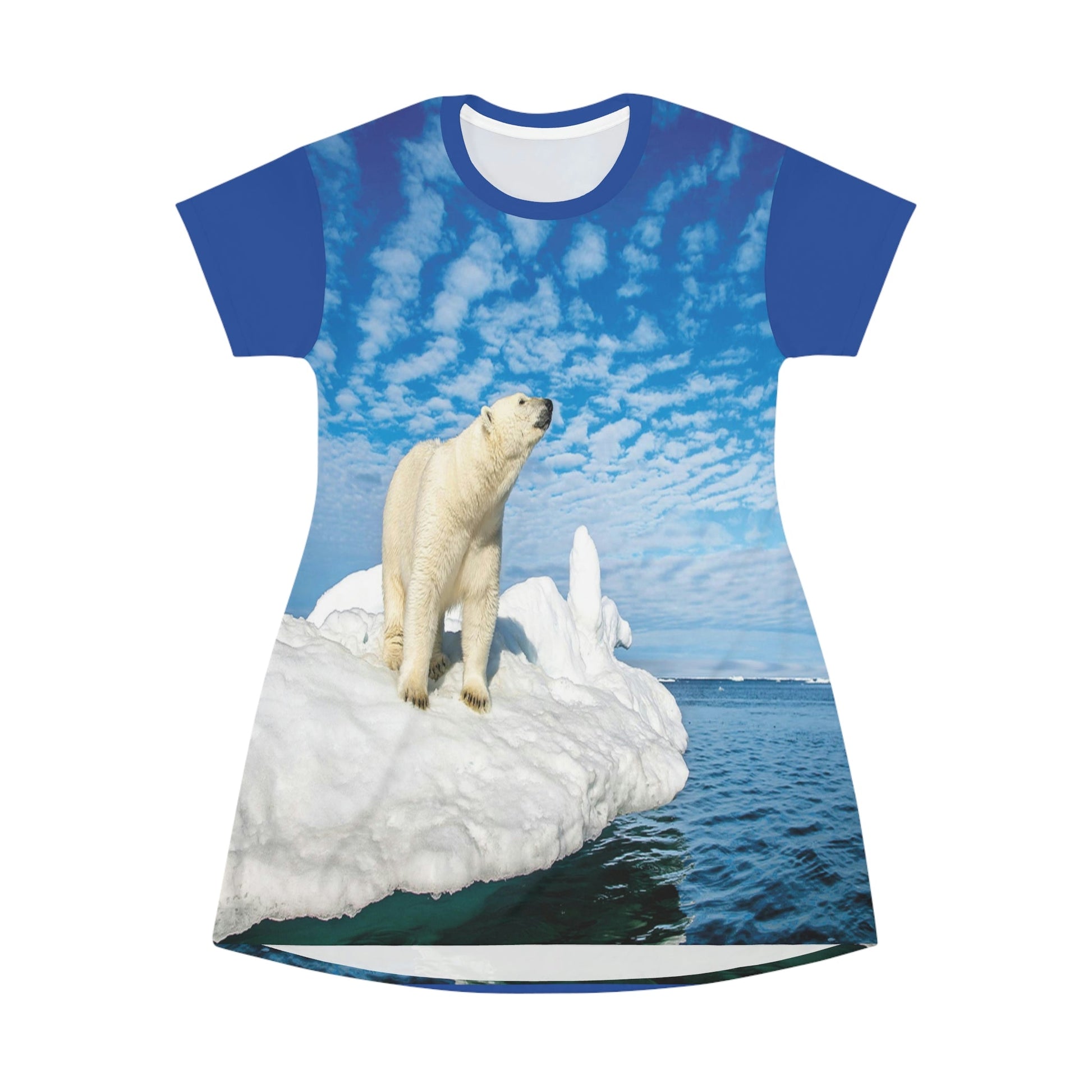 AOP T-shirt Dress - Awesome Global Warming image of melting poles - Small CO2 Keeling curve on back - Green Forest Home