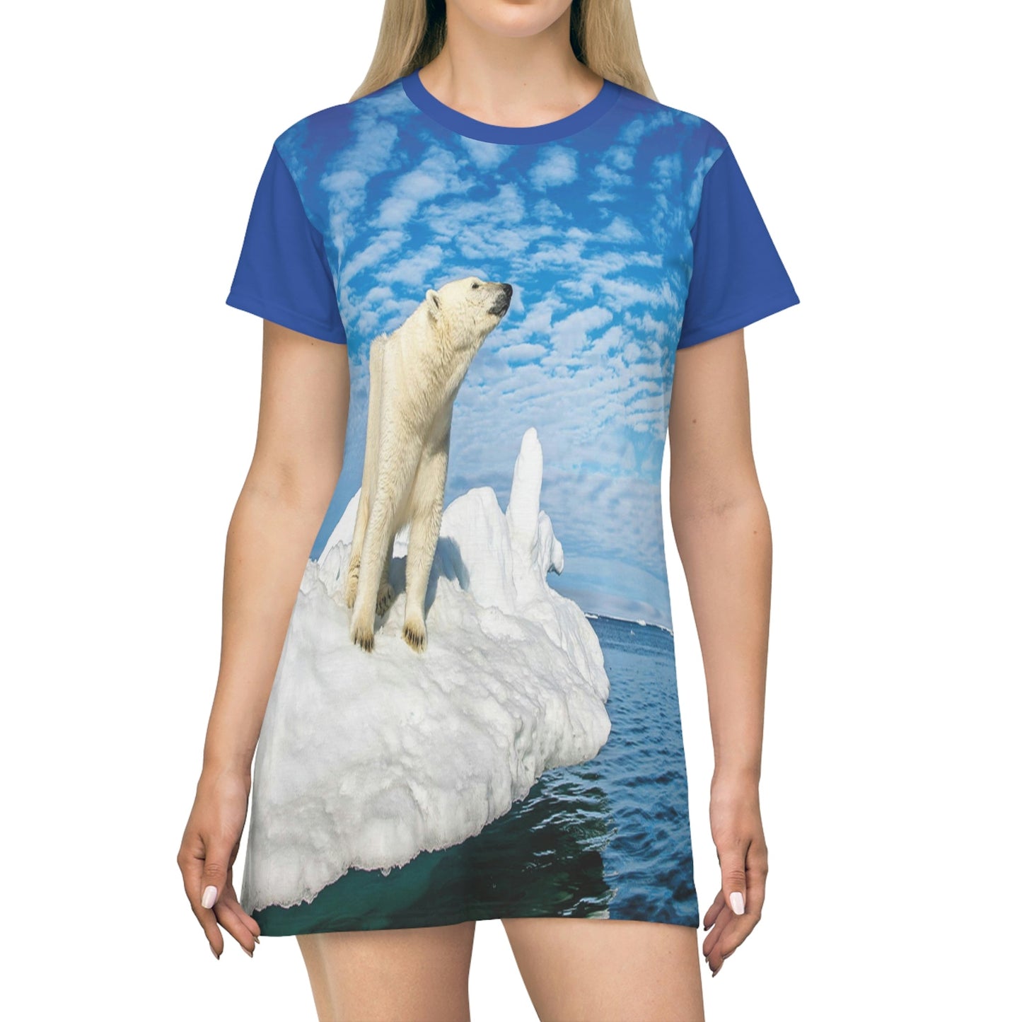 AOP T-shirt Dress - Awesome Global Warming image of melting poles - Small CO2 Keeling curve on back - Green Forest Home