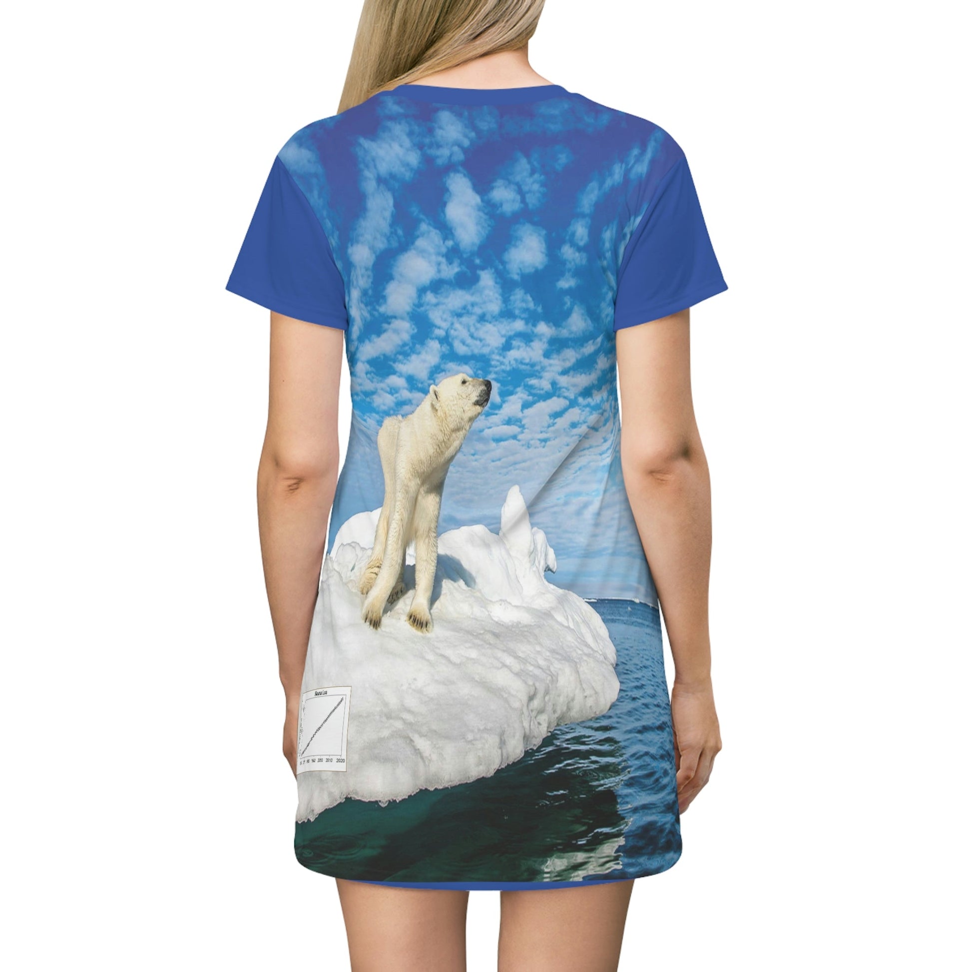 AOP T-shirt Dress - Awesome Global Warming image of melting poles - Small CO2 Keeling curve on back - Green Forest Home