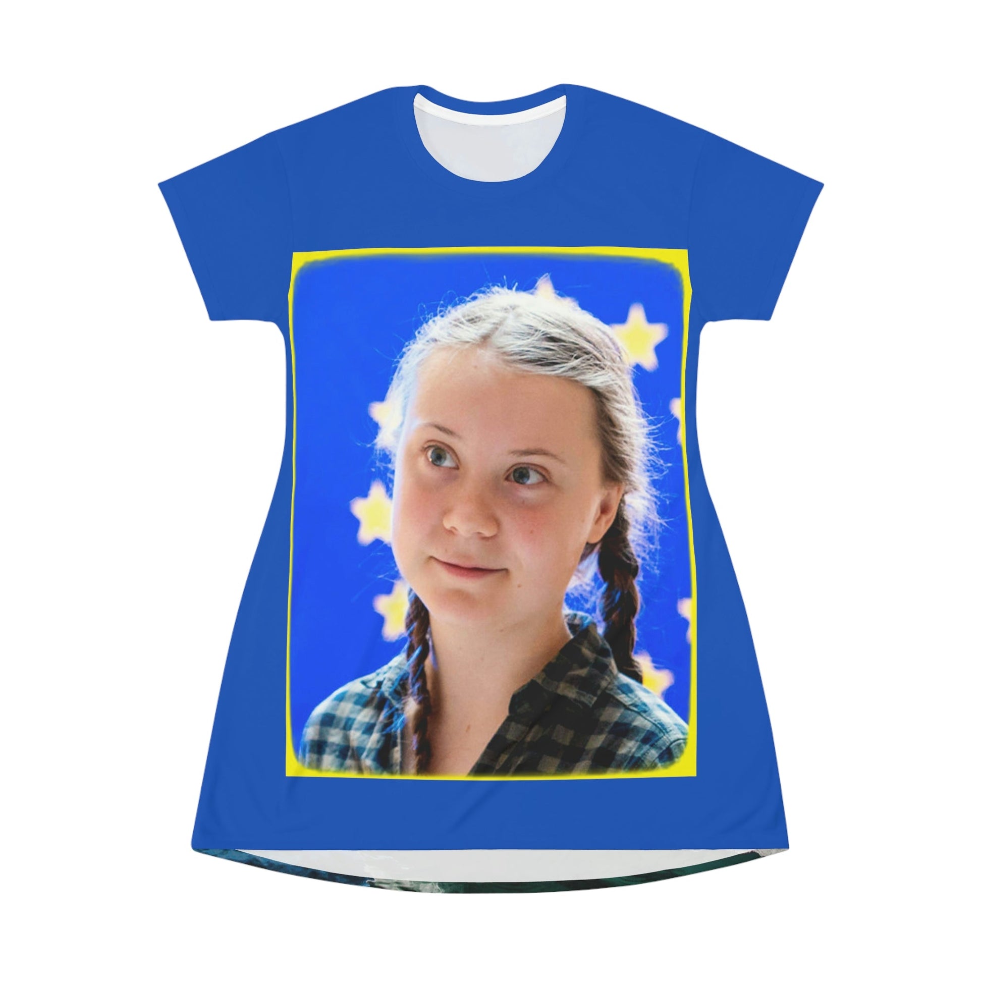 AOP T-shirt Dress - Greta and Global Warming image of melting poles - Small CO2 Keeling curve on back - Green Forest Home