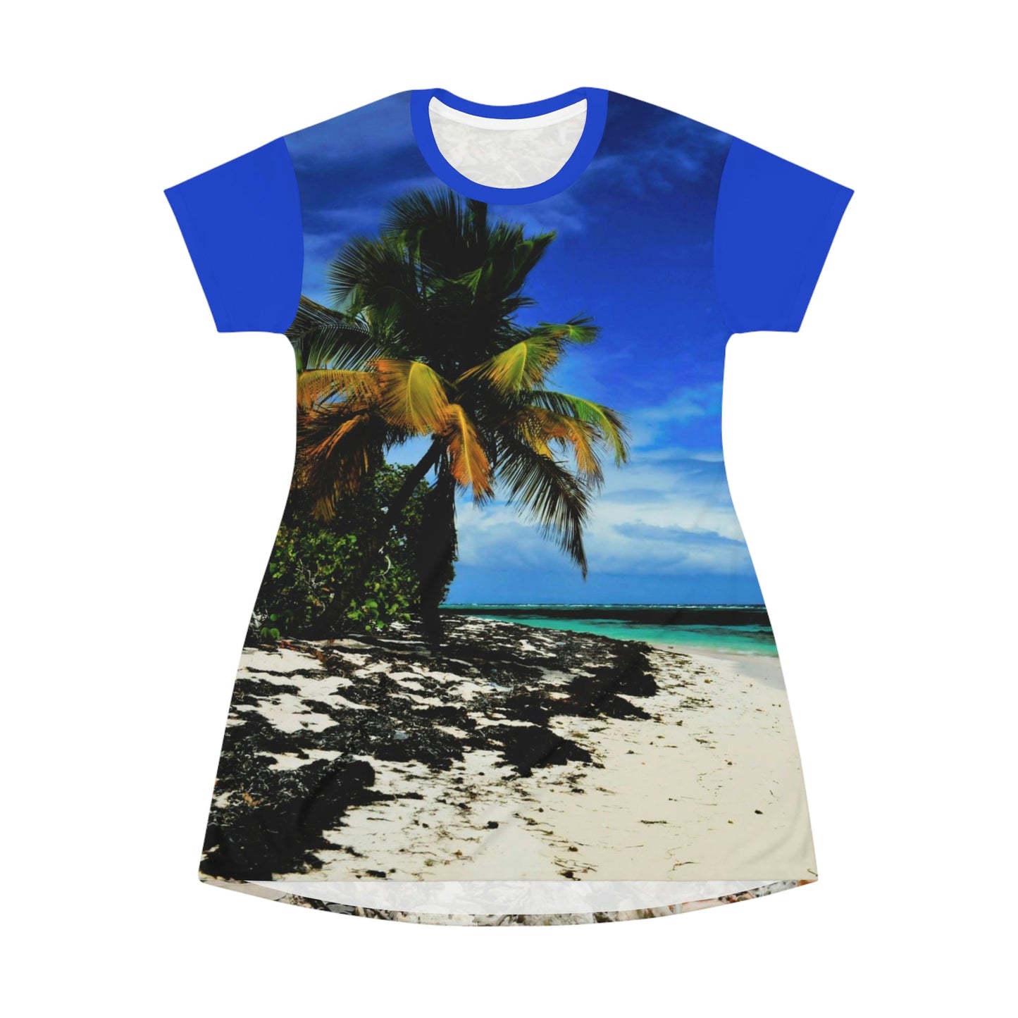 AOP T-shirt Dress - Pajaros Beach and native Iguana - Mona Island PR - Green Forest Home