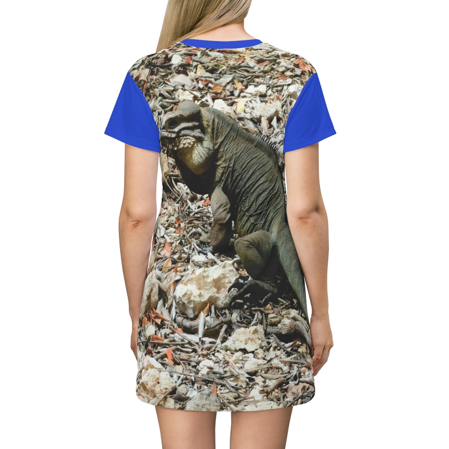 AOP T-shirt Dress - Pajaros Beach and native Iguana - Mona Island PR - Green Forest Home