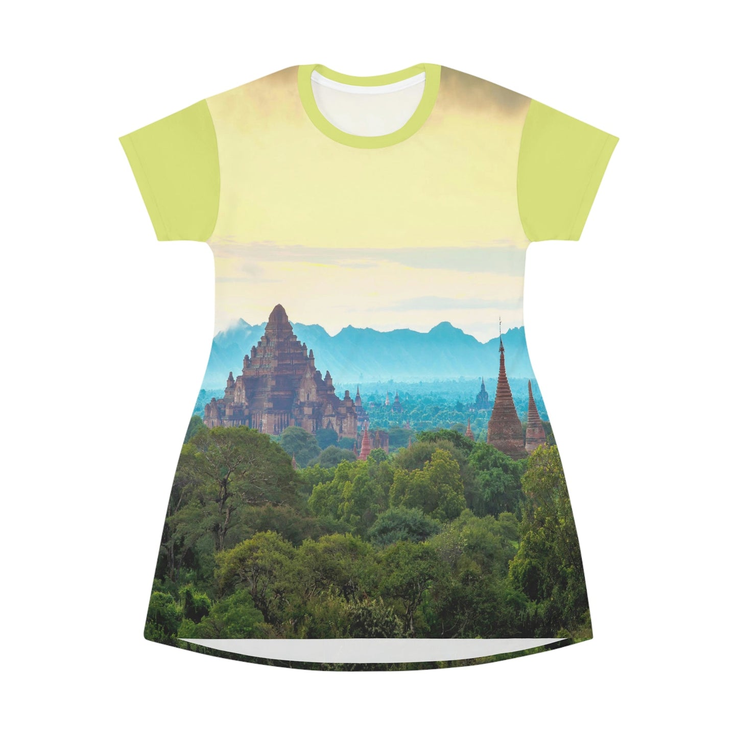 AOP T-shirt Dress - Remote abandoned Buddhist temples - Pagan - Burma (Myanmar) - Green Forest Home