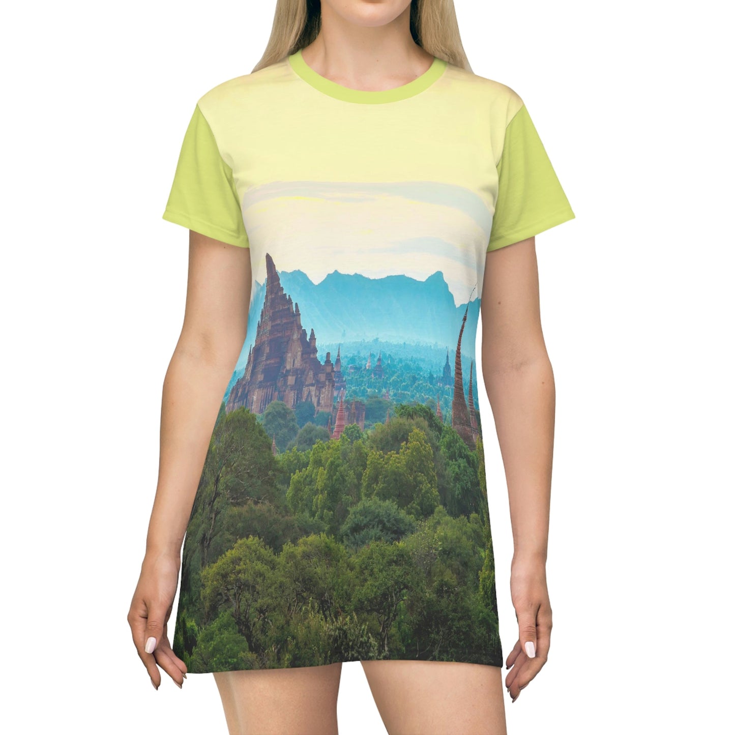 AOP T-shirt Dress - Remote abandoned Buddhist temples - Pagan - Burma (Myanmar) - Green Forest Home