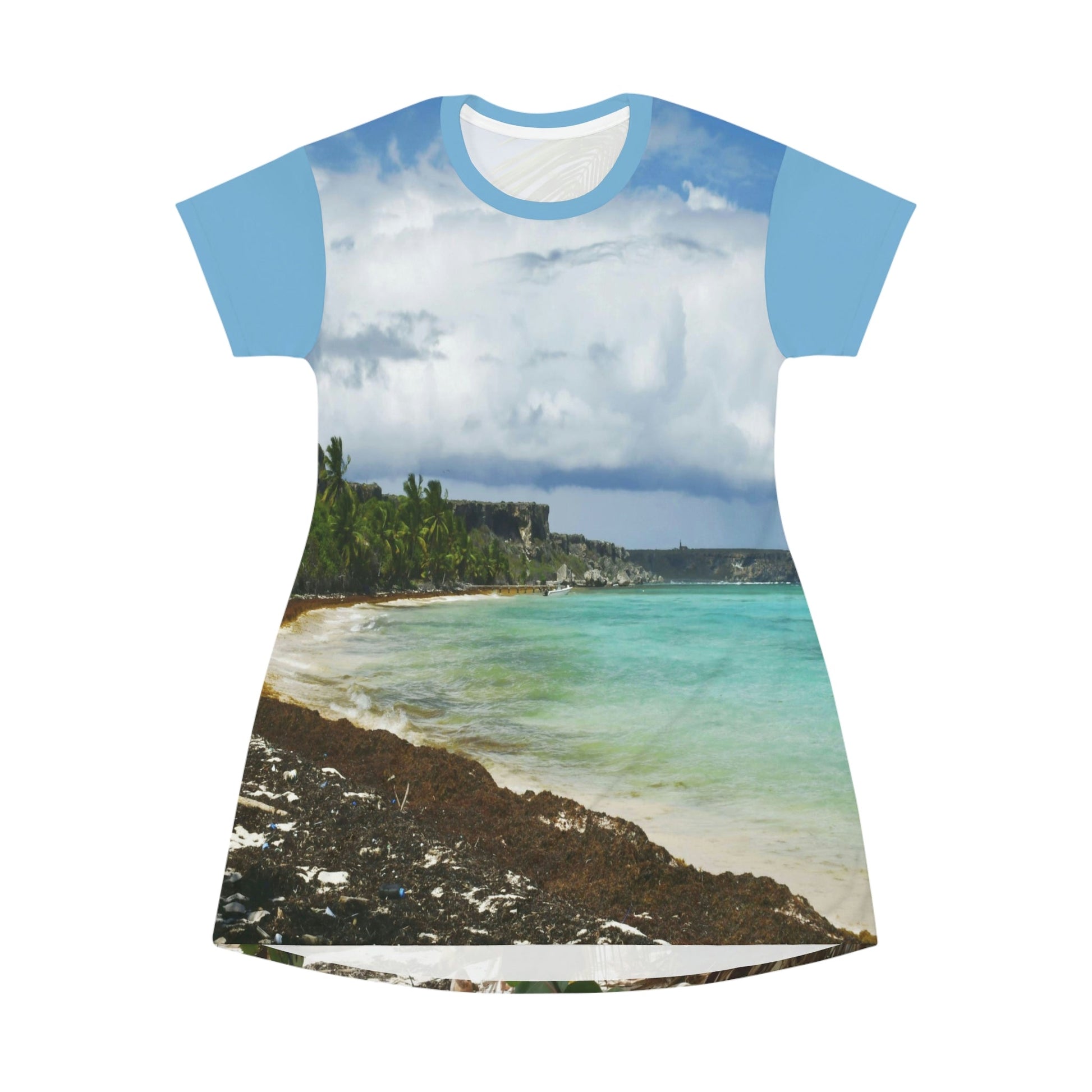 AOP T-shirt Dress - The awesome Pajaros beach - Remote Mona Island PR - Green Forest Home