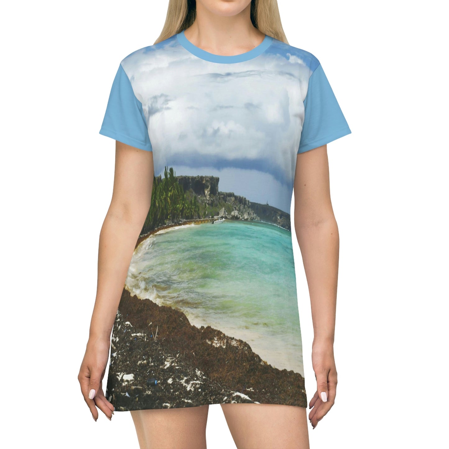 AOP T-shirt Dress - The awesome Pajaros beach - Remote Mona Island PR - Green Forest Home