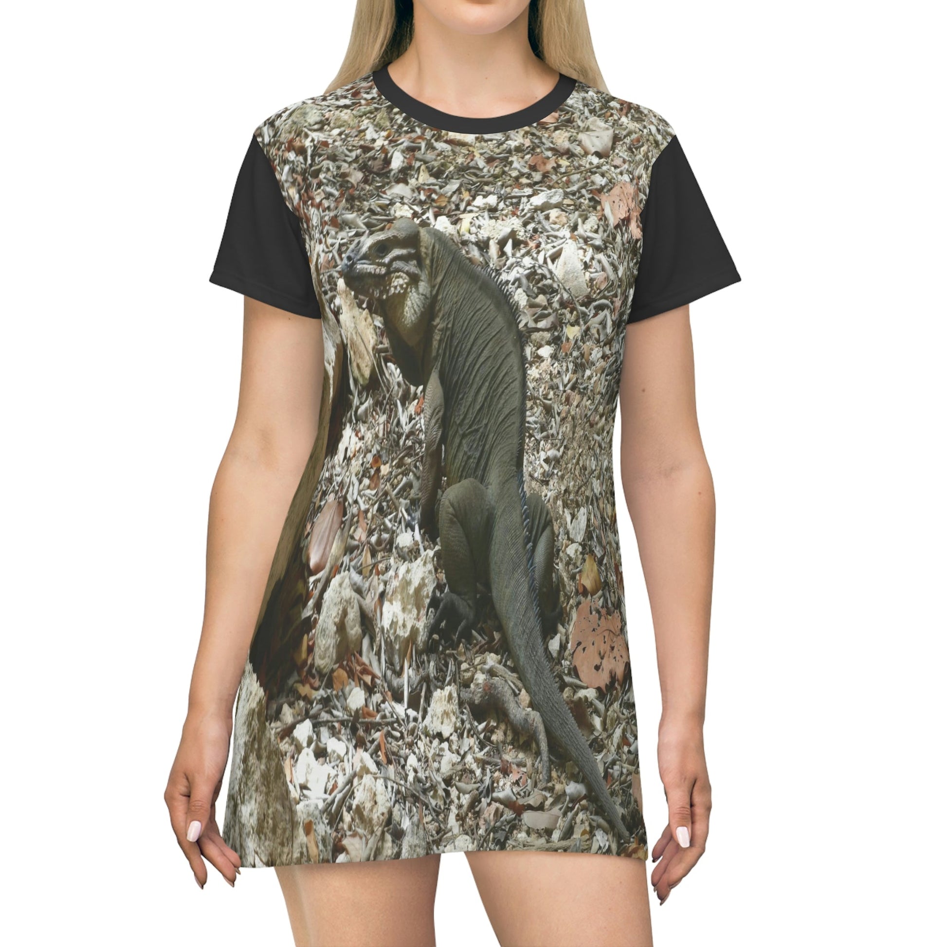 AOP T-shirt Dress - The native Mona Island Iguana near Pajaros beach - Mona Puerto Rico - Green Forest Home