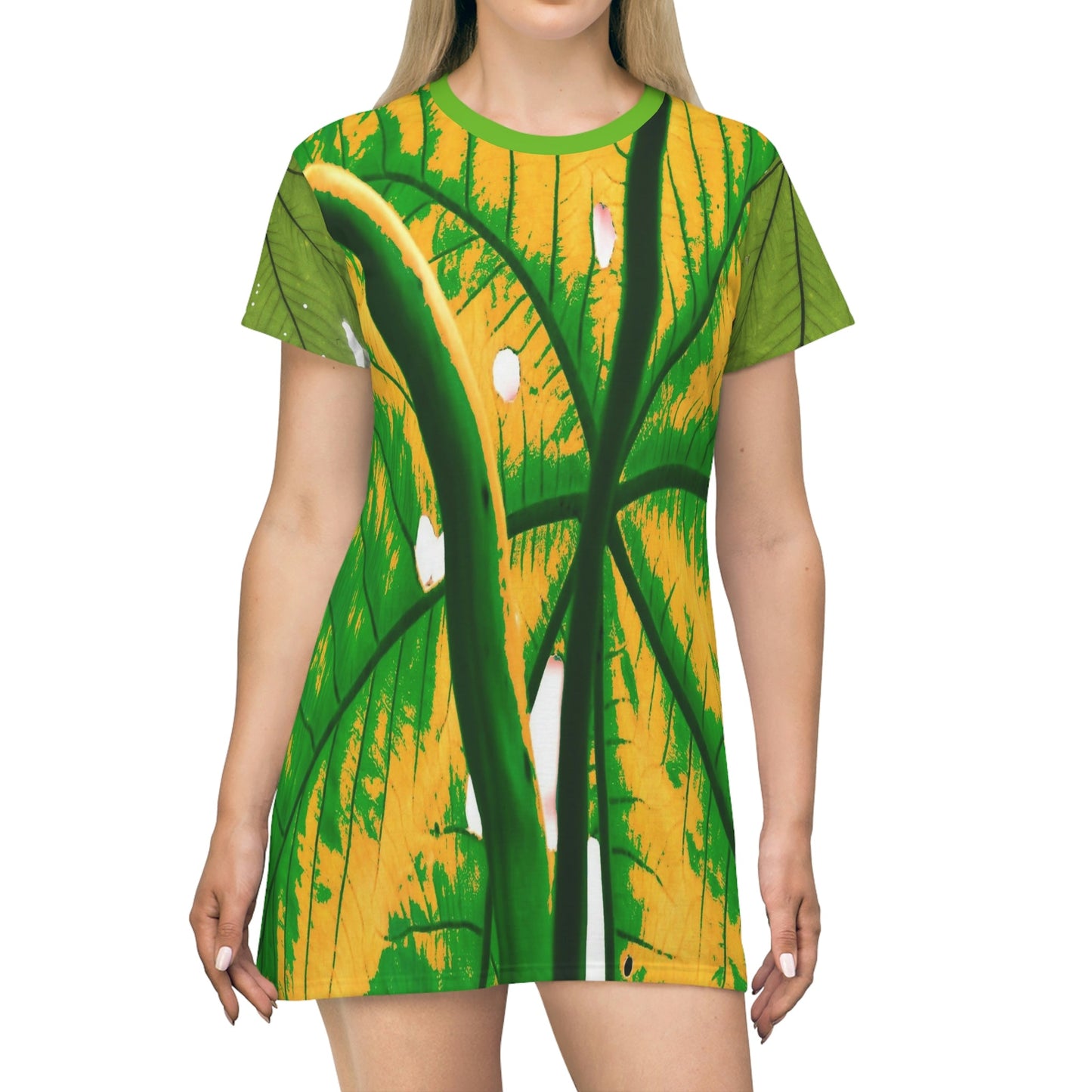 AOP T-shirt Dress -- Yagrumo Tree leaf - El Yunque rainforest - Alien Vision 👽 - Puerto Rico - Green Forest Home