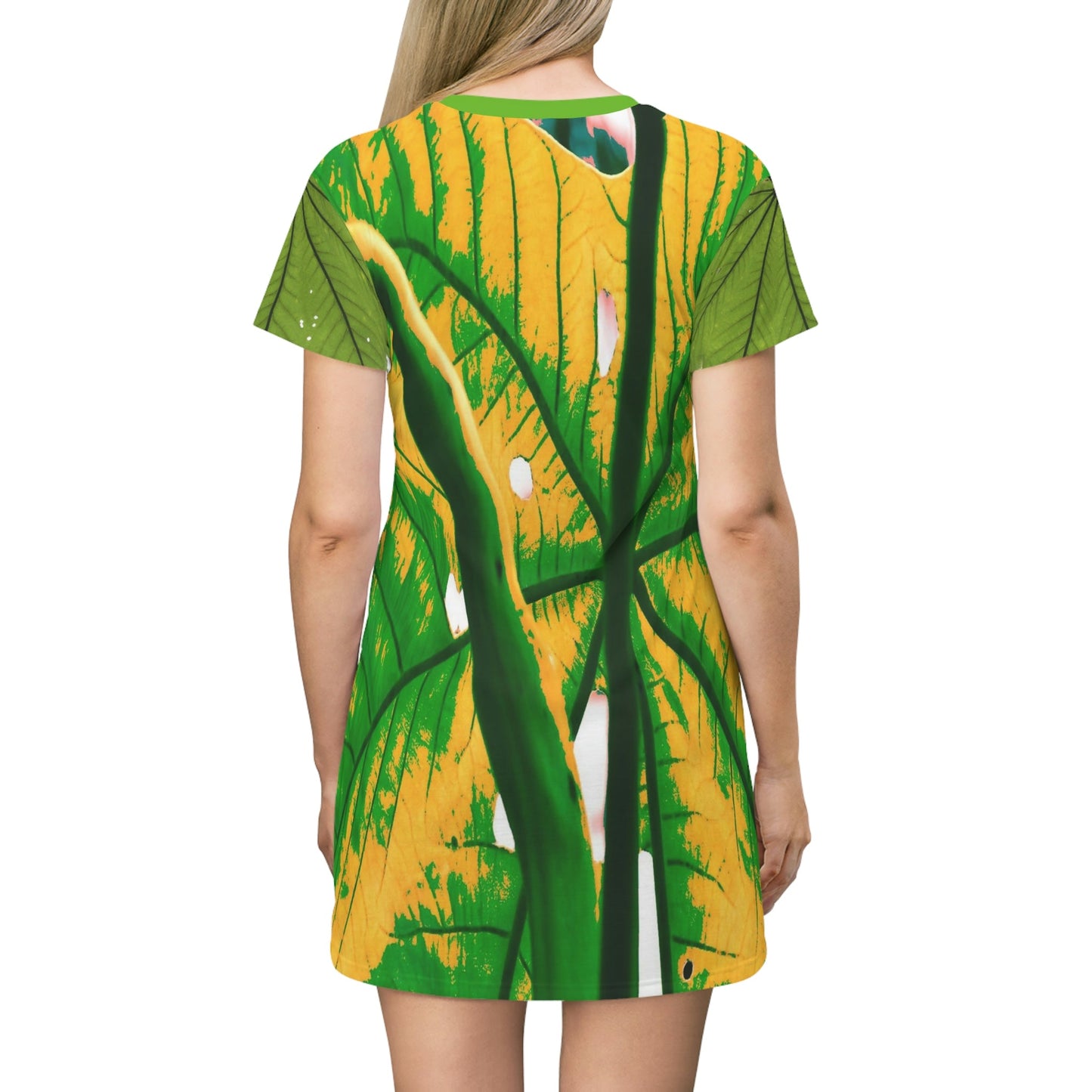 AOP T-shirt Dress -- Yagrumo Tree leaf - El Yunque rainforest - Alien Vision 👽 - Puerto Rico - Green Forest Home