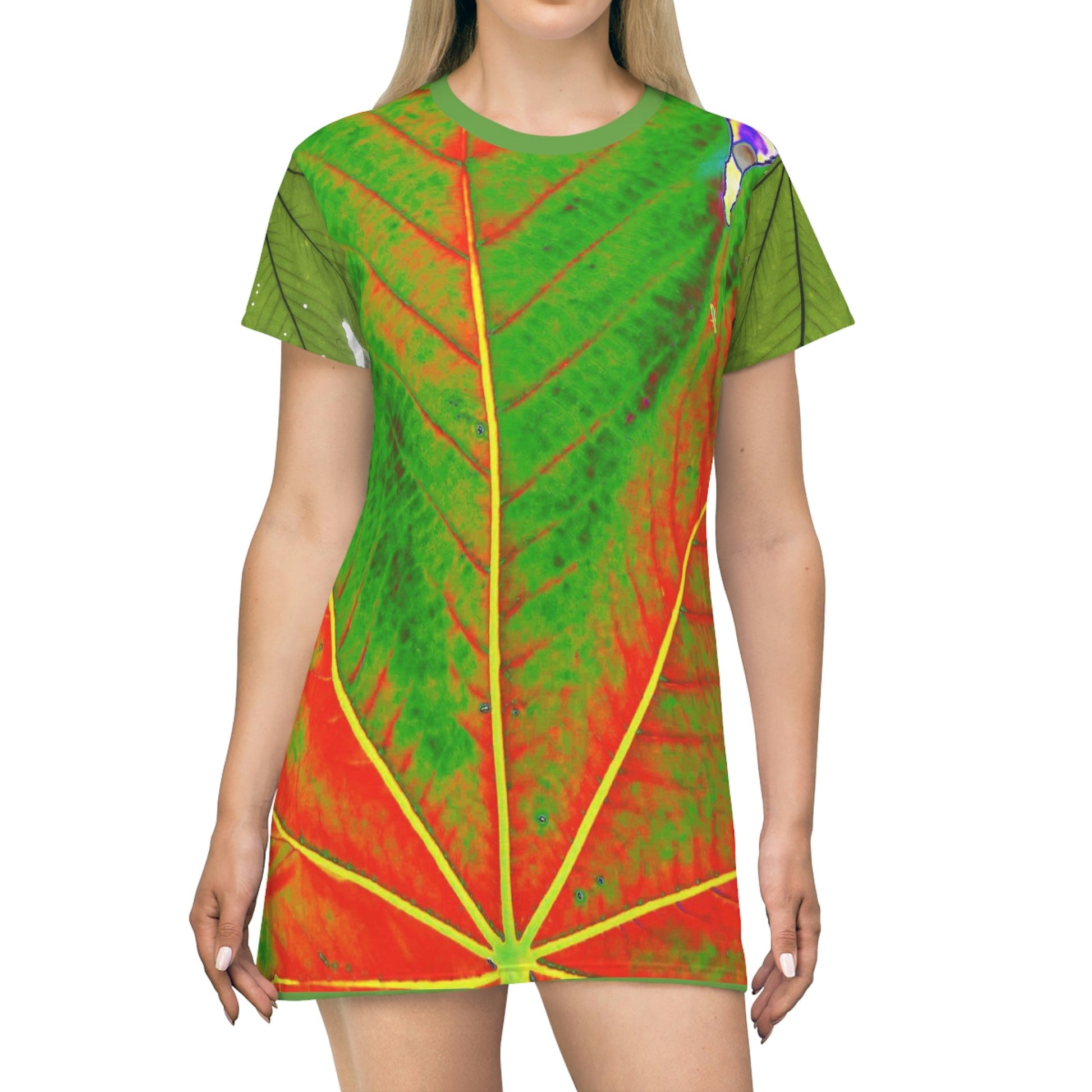 AOP T-shirt Dress -- Yagrumo Tree leaf - El Yunque rainforest - Alien Vision 👽 - Puerto Rico - Green Forest Home