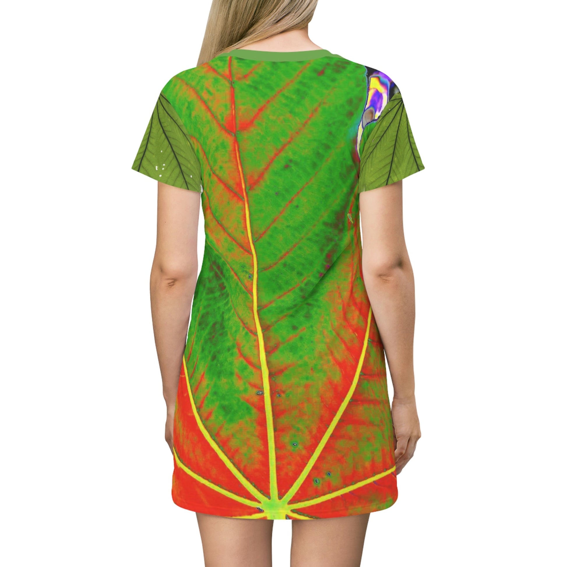 AOP T-shirt Dress -- Yagrumo Tree leaf - El Yunque rainforest - Alien Vision 👽 - Puerto Rico - Green Forest Home