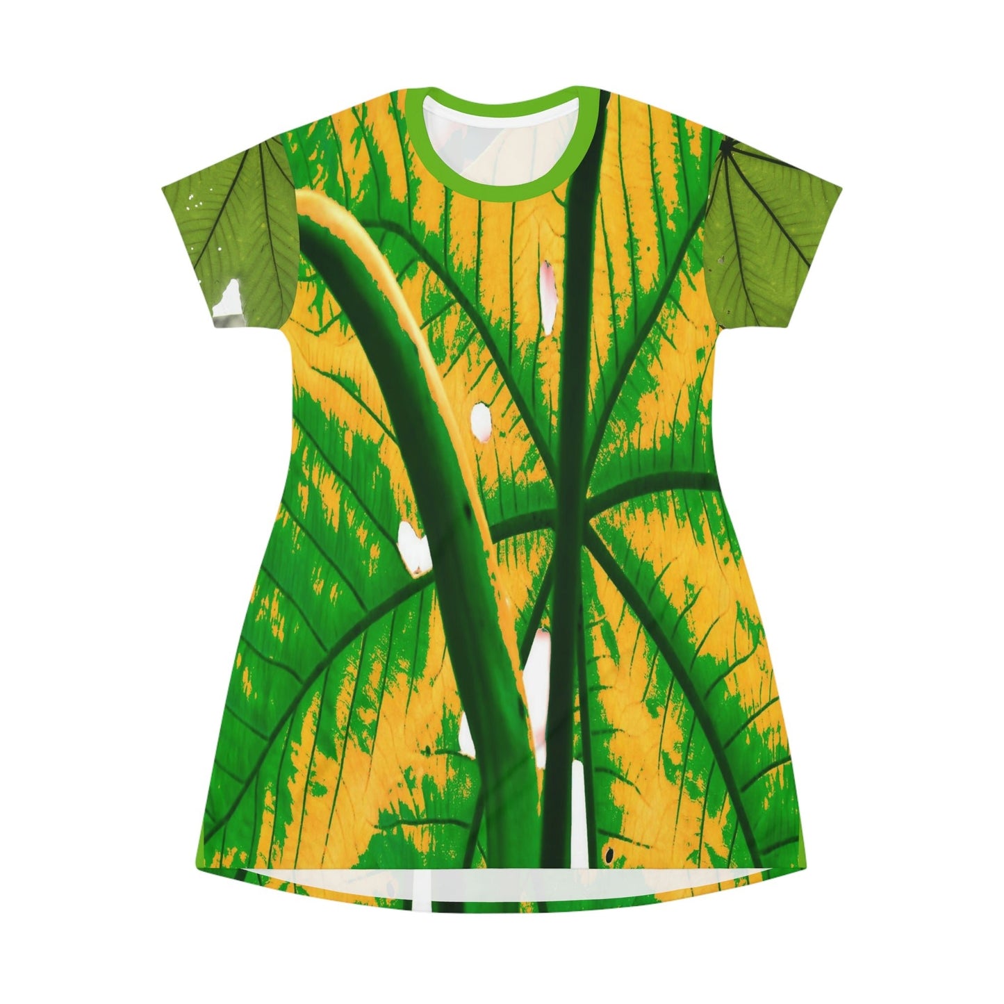 AOP T-shirt Dress -- Yagrumo Tree leaf - El Yunque rainforest - Alien Vision 👽 - Puerto Rico - Green Forest Home