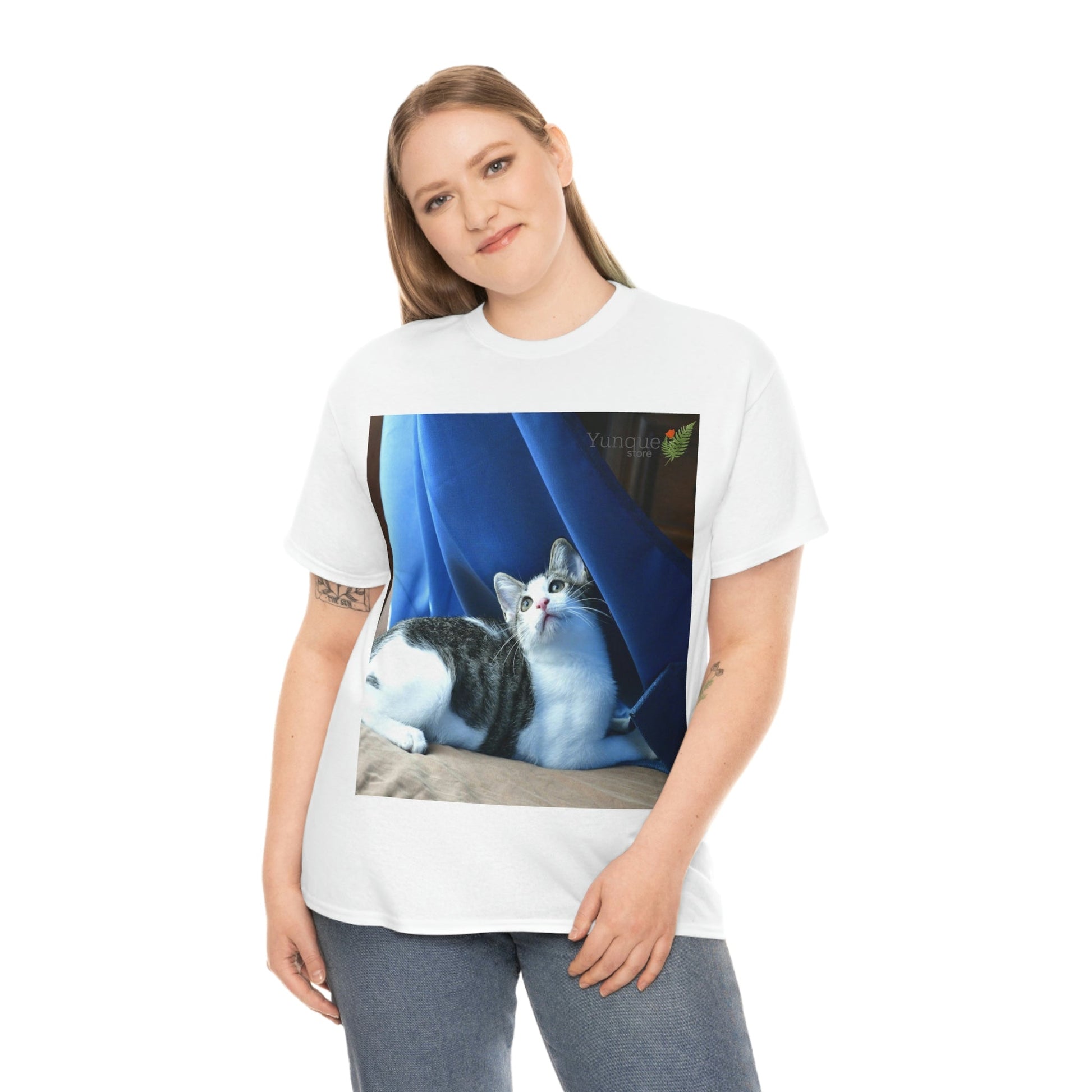 AU Print - Giladan 5000 - Unisex Heavy Cotton Tee - Home Baby Cat Dante Dazzled by the curtains and wind - Puerto Rico - Green Forest Home