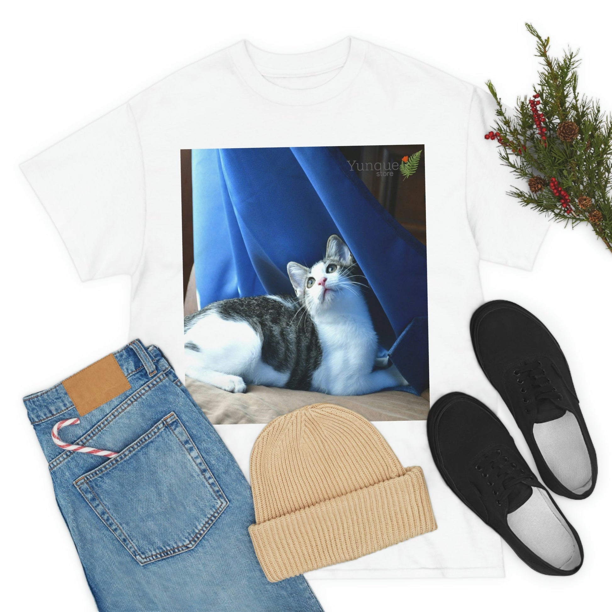 AU Print - Giladan 5000 - Unisex Heavy Cotton Tee - Home Baby Cat Dante Dazzled by the curtains and wind - Puerto Rico - Green Forest Home