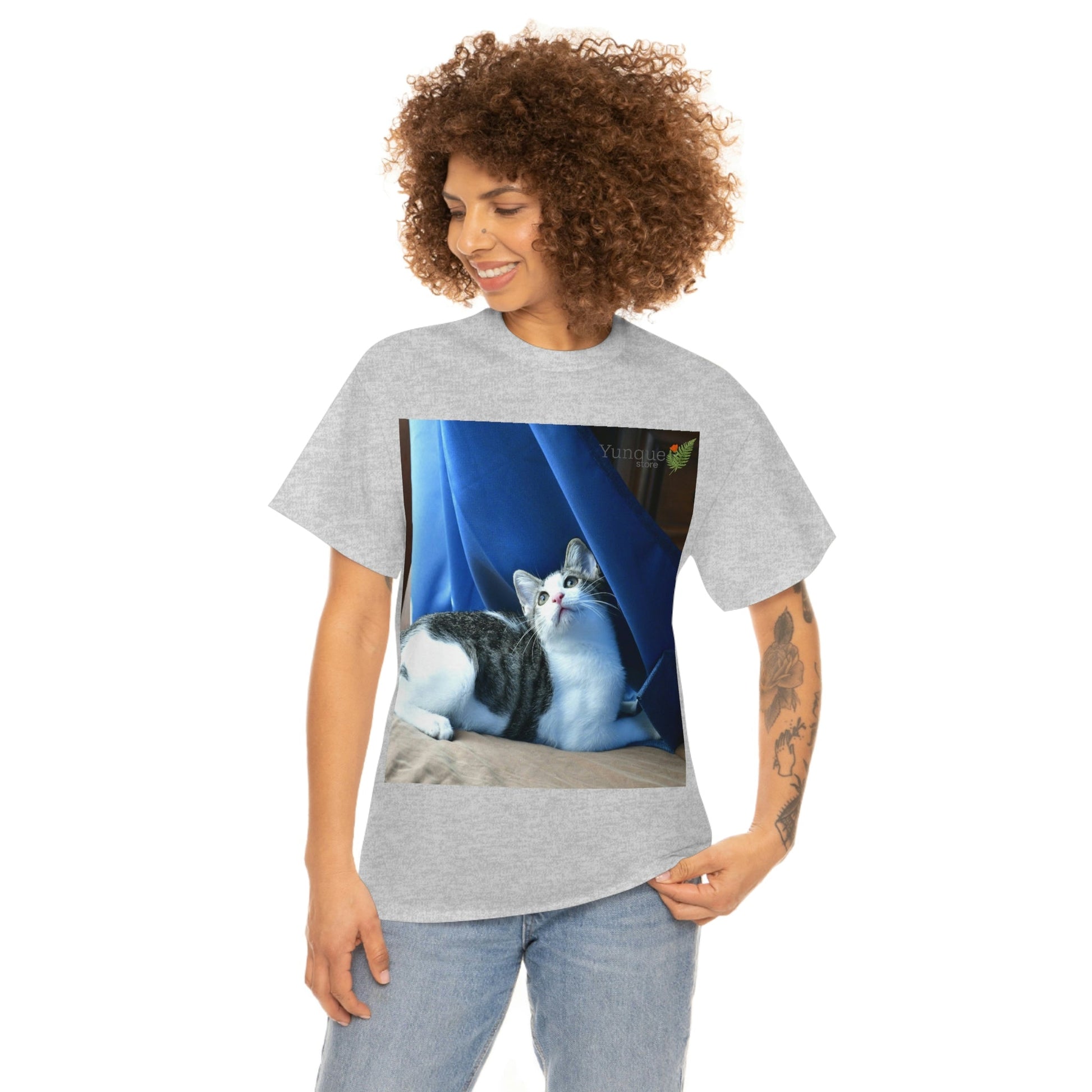 AU Print - Giladan 5000 - Unisex Heavy Cotton Tee - Home Baby Cat Dante Dazzled by the curtains and wind - Puerto Rico - Green Forest Home