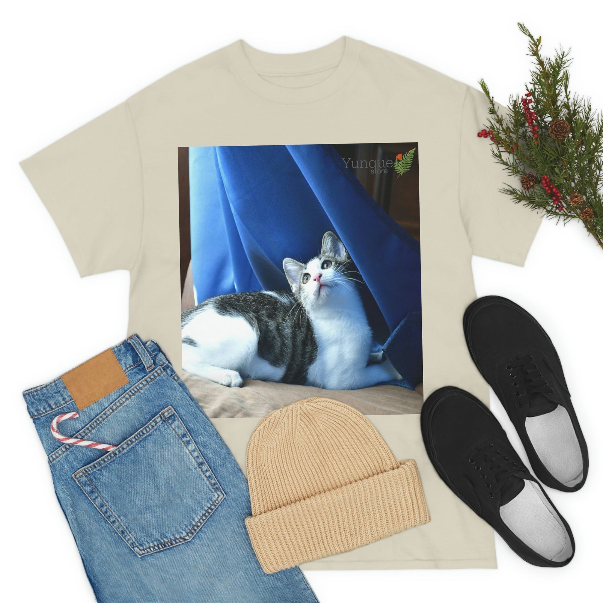 AU Print - Giladan 5000 - Unisex Heavy Cotton Tee - Home Baby Cat Dante Dazzled by the curtains and wind - Puerto Rico - Green Forest Home