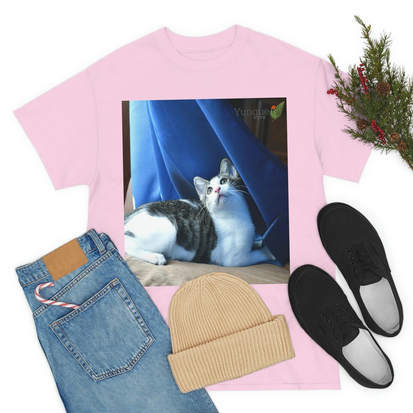 AU Print - Giladan 5000 - Unisex Heavy Cotton Tee - Home Baby Cat Dante Dazzled by the curtains and wind - Puerto Rico - Green Forest Home