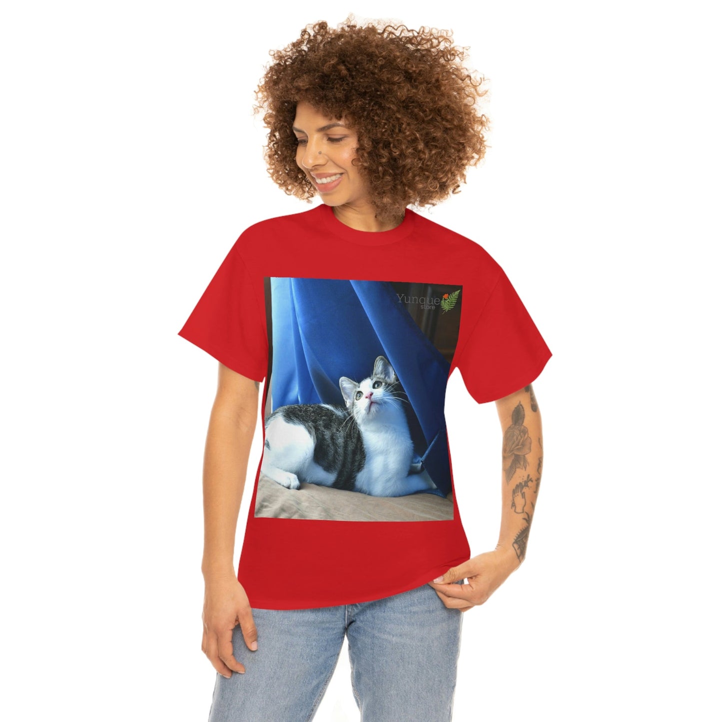 AU Print - Giladan 5000 - Unisex Heavy Cotton Tee - Home Baby Cat Dante Dazzled by the curtains and wind - Puerto Rico - Green Forest Home