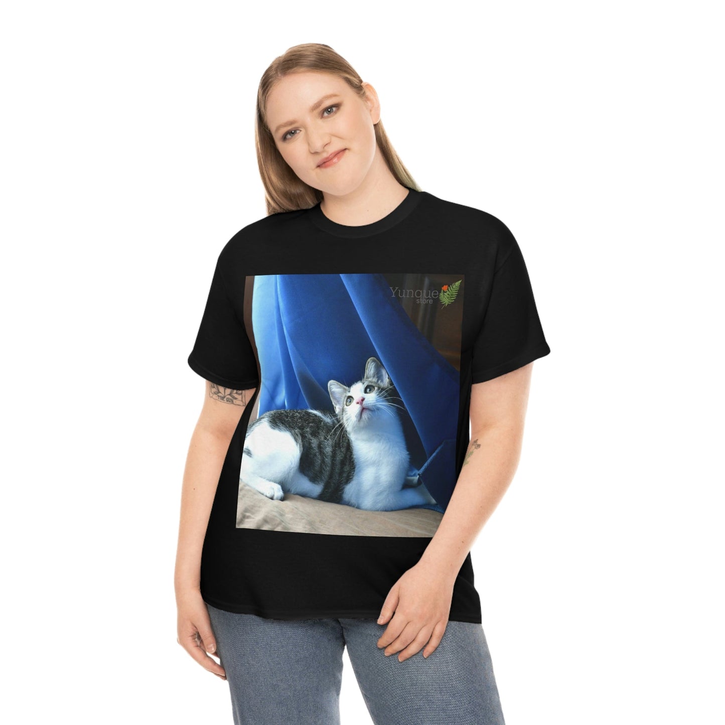 AU Print - Giladan 5000 - Unisex Heavy Cotton Tee - Home Baby Cat Dante Dazzled by the curtains and wind - Puerto Rico - Green Forest Home