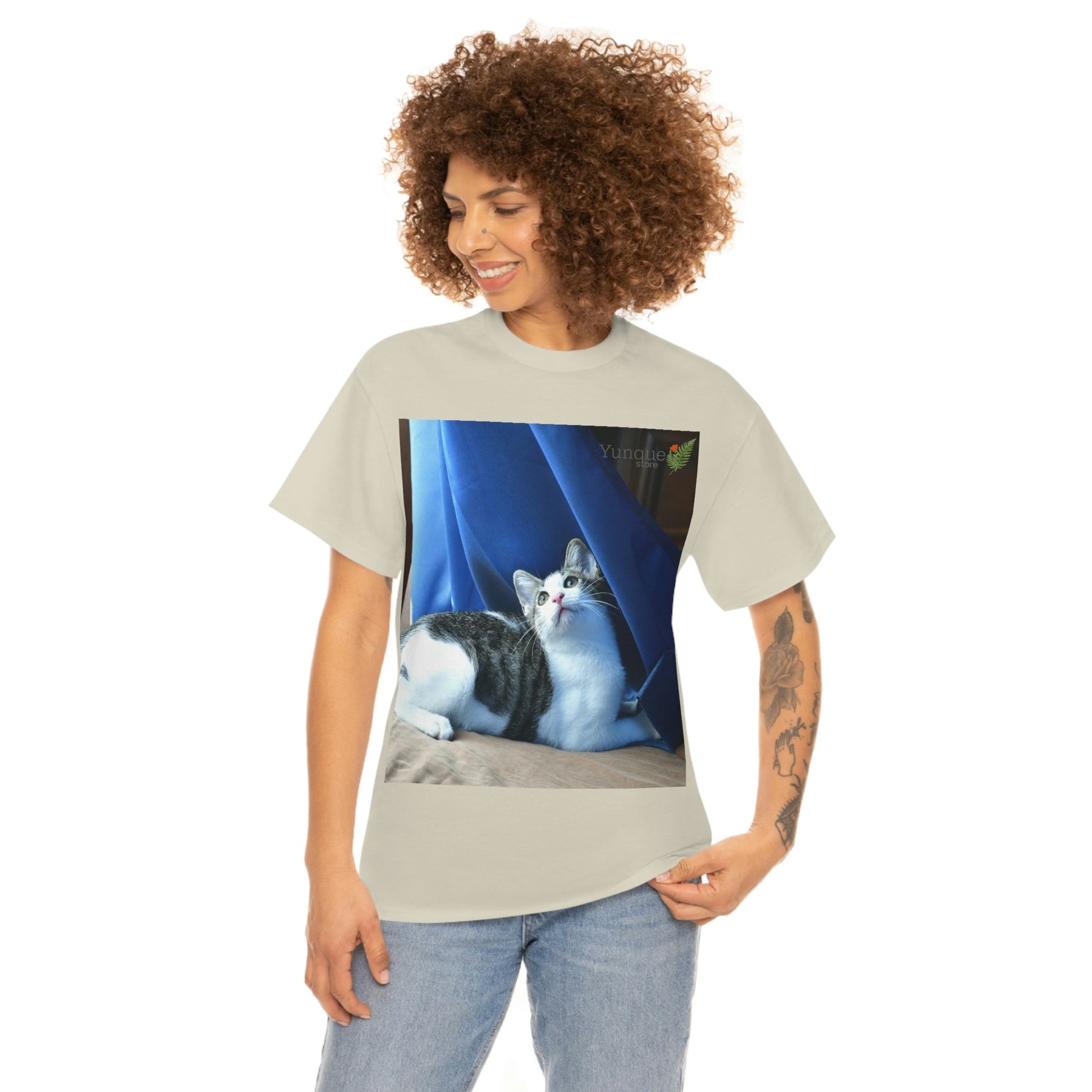 AU Print - Giladan 5000 - Unisex Heavy Cotton Tee - Home Baby Cat Dante Dazzled by the curtains and wind - Puerto Rico - Green Forest Home