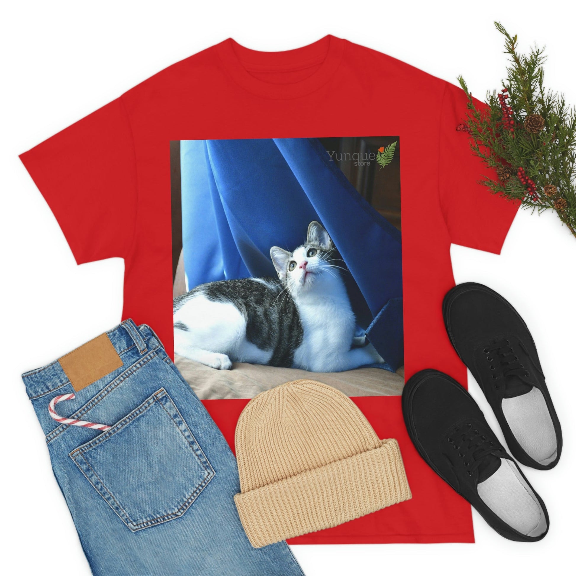 AU Print - Giladan 5000 - Unisex Heavy Cotton Tee - Home Baby Cat Dante Dazzled by the curtains and wind - Puerto Rico - Green Forest Home