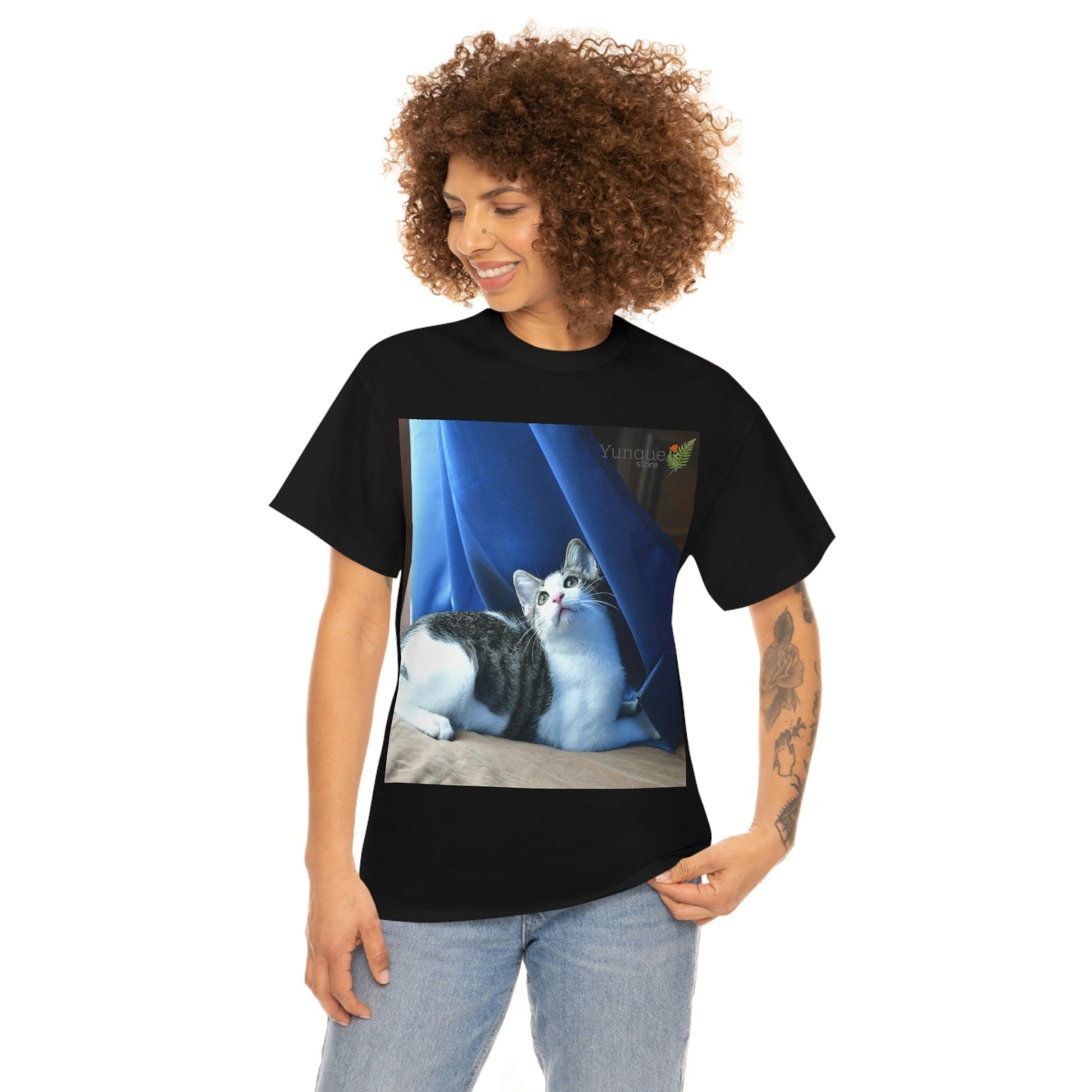 AU Print - Giladan 5000 - Unisex Heavy Cotton Tee - Home Baby Cat Dante Dazzled by the curtains and wind - Puerto Rico - Green Forest Home