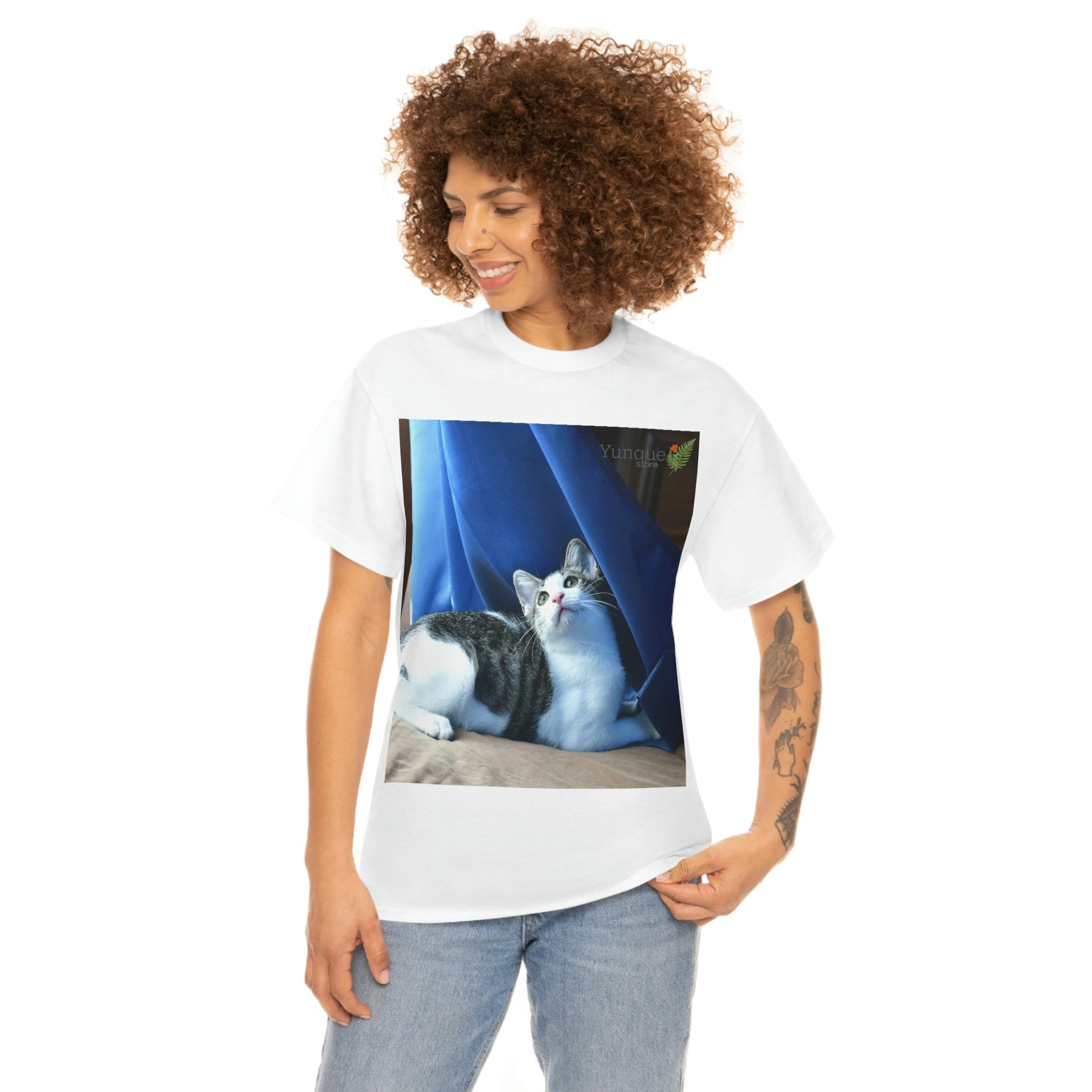 AU Print - Giladan 5000 - Unisex Heavy Cotton Tee - Home Baby Cat Dante Dazzled by the curtains and wind - Puerto Rico - Green Forest Home