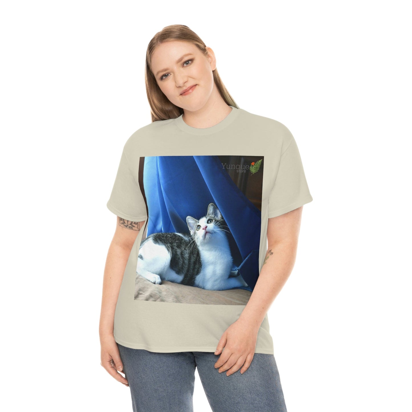 AU Print - Giladan 5000 - Unisex Heavy Cotton Tee - Home Baby Cat Dante Dazzled by the curtains and wind - Puerto Rico - Green Forest Home