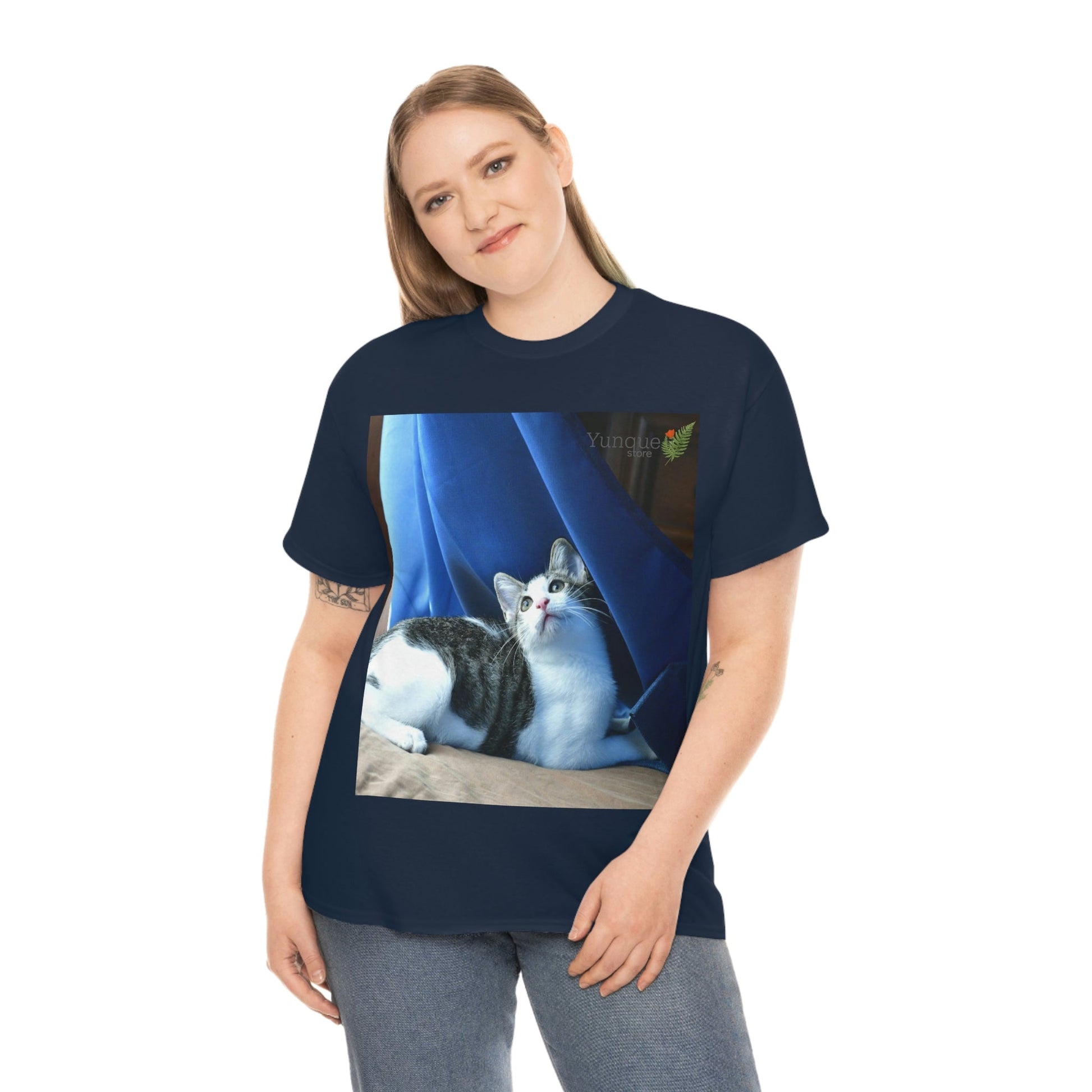 AU Print - Giladan 5000 - Unisex Heavy Cotton Tee - Home Baby Cat Dante Dazzled by the curtains and wind - Puerto Rico - Green Forest Home