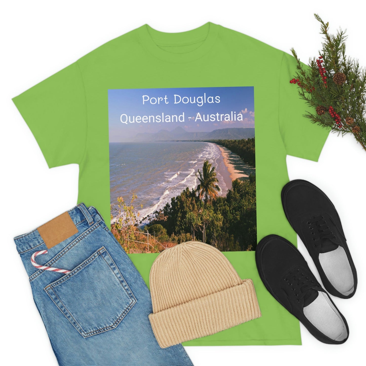 AU-PRINT UNISEX GILDAN 5000 - Heavy Cotton Tee - Douglas Port 4-mile Beach - Australia - Printed in AU by The Print Bar - Green Forest Home