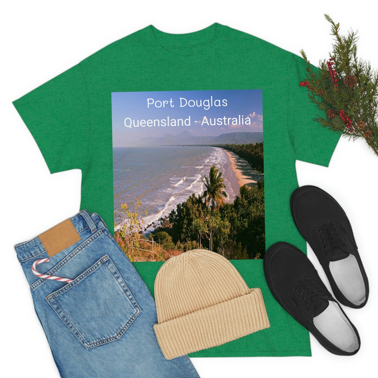 AU-PRINT UNISEX GILDAN 5000 - Heavy Cotton Tee - Douglas Port 4-mile Beach - Australia - Printed in AU by The Print Bar - Green Forest Home