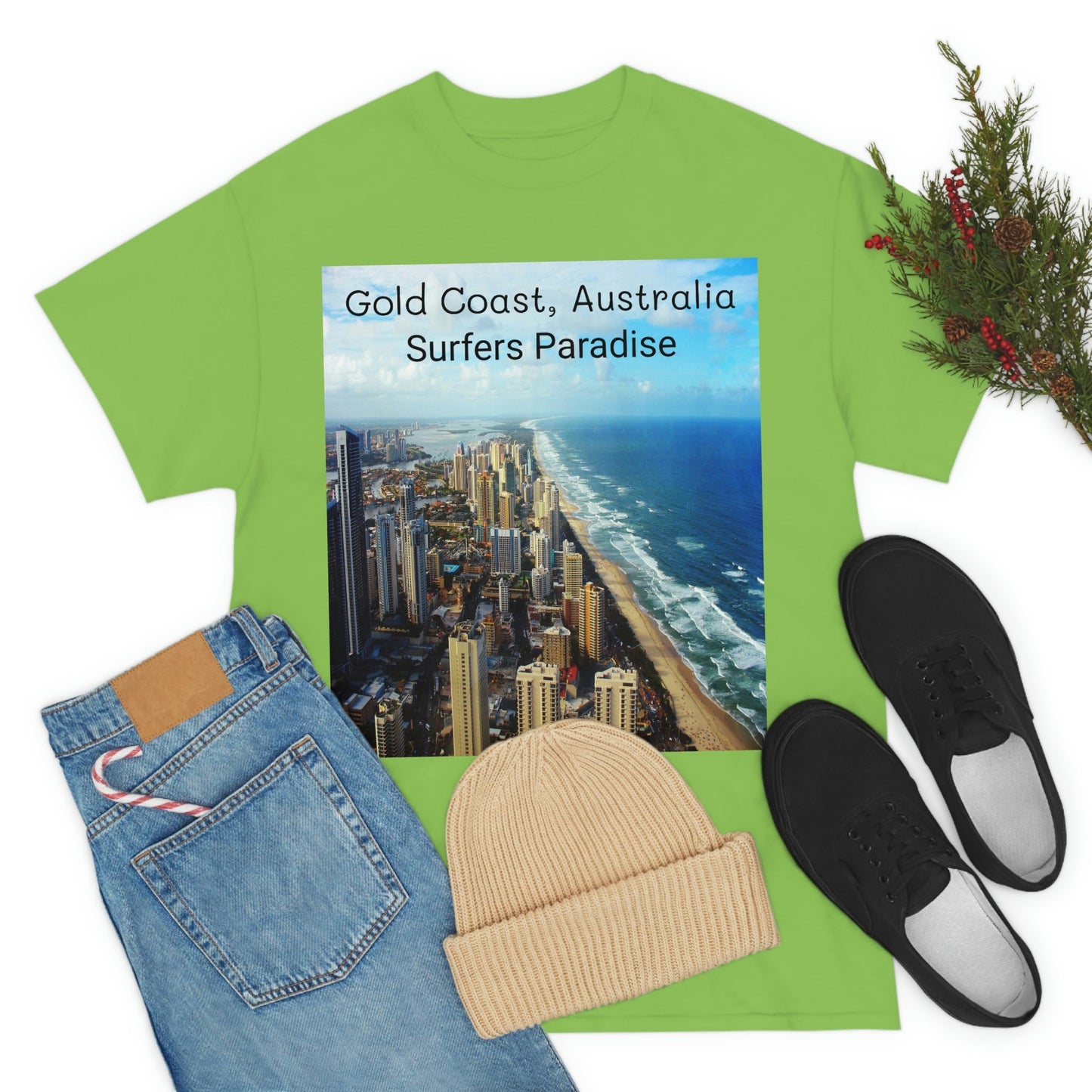 AU-PRINT UNISEX GILDAN 5000 - Heavy Cotton Tee - Gold Coast, Surfer in back - Australia - Printed in AU by The Print Bar - Green Forest Home