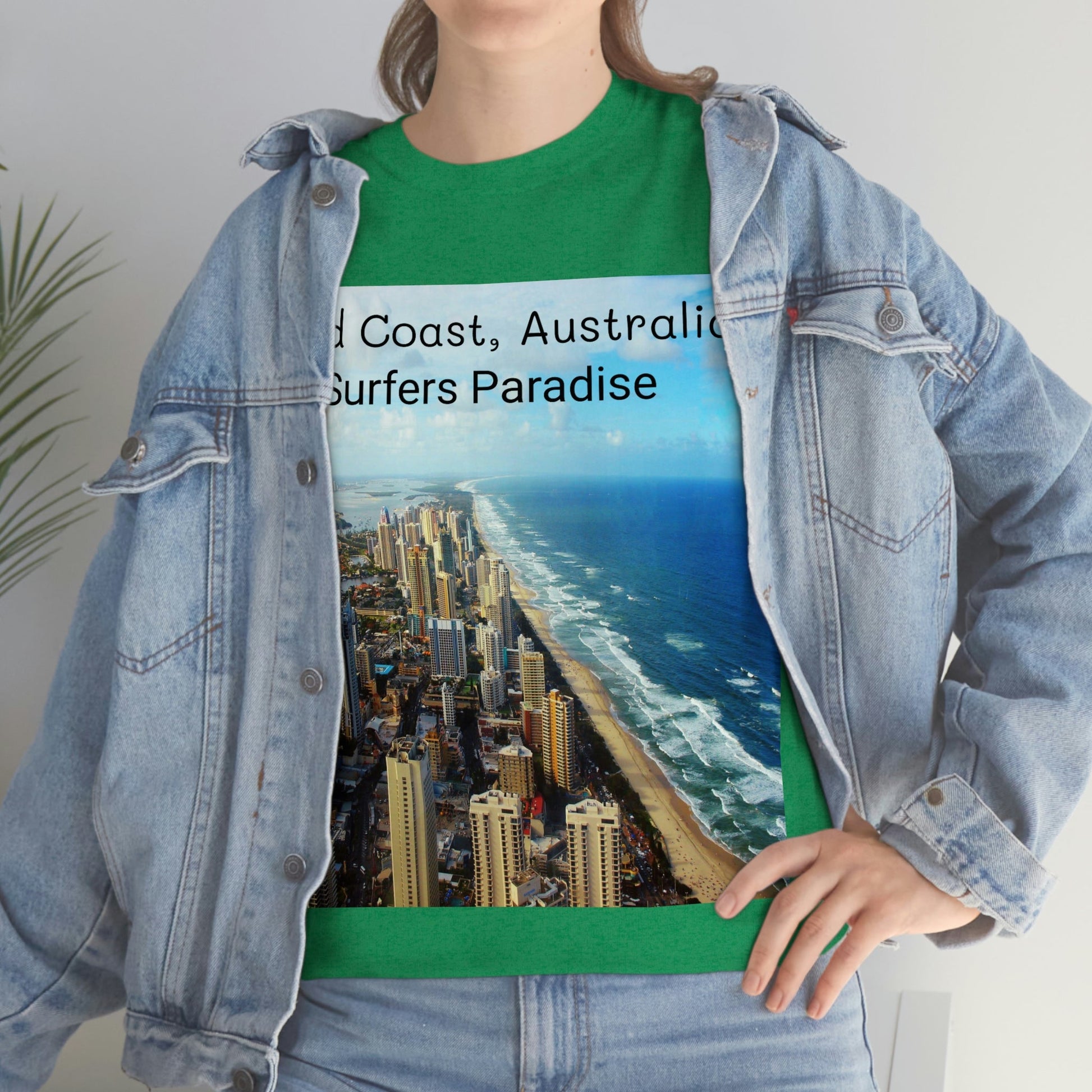 AU-PRINT UNISEX GILDAN 5000 - Heavy Cotton Tee - Gold Coast, Surfer in back - Australia - Printed in AU by The Print Bar - Green Forest Home