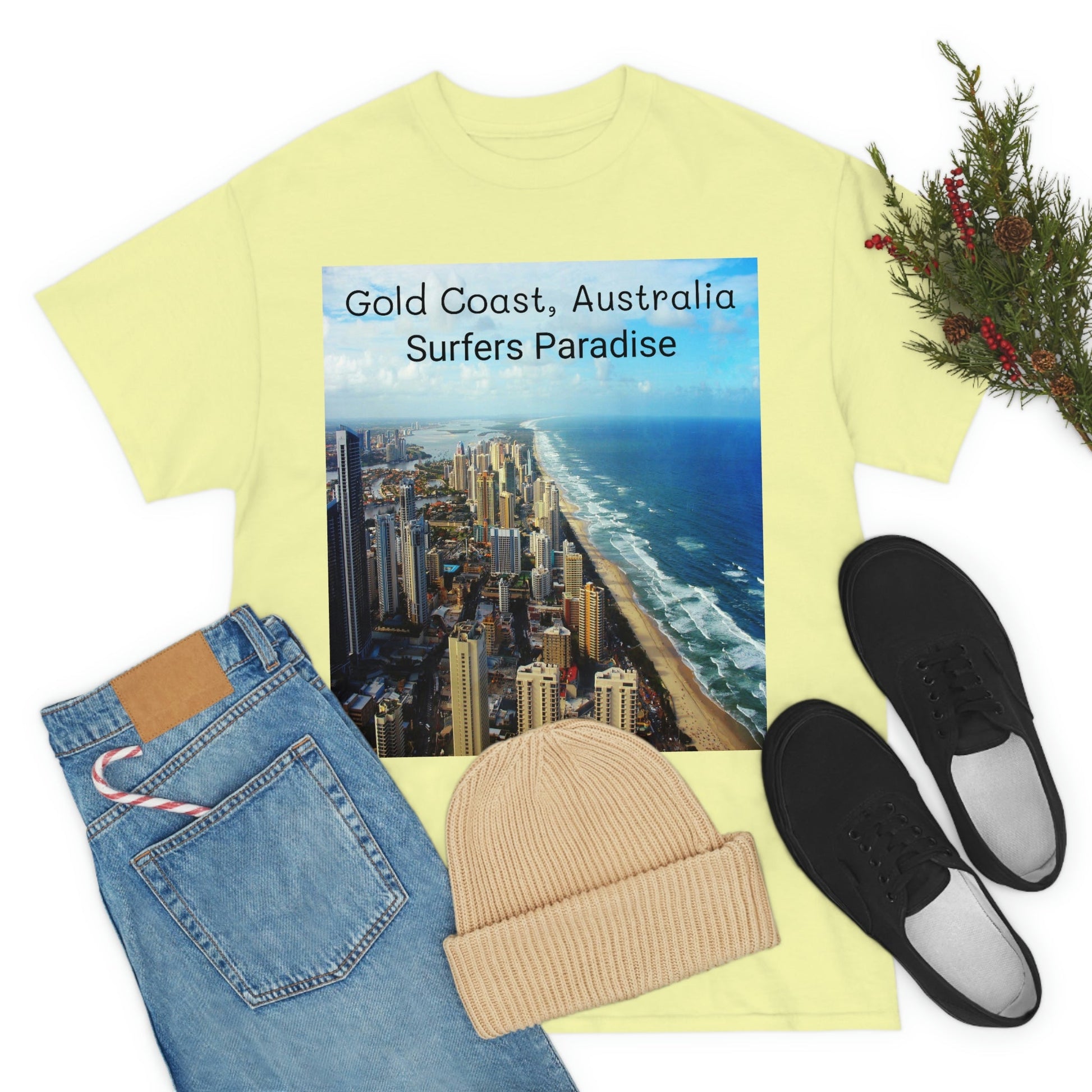 AU-PRINT UNISEX GILDAN 5000 - Heavy Cotton Tee - Gold Coast, Surfer in back - Australia - Printed in AU by The Print Bar - Green Forest Home