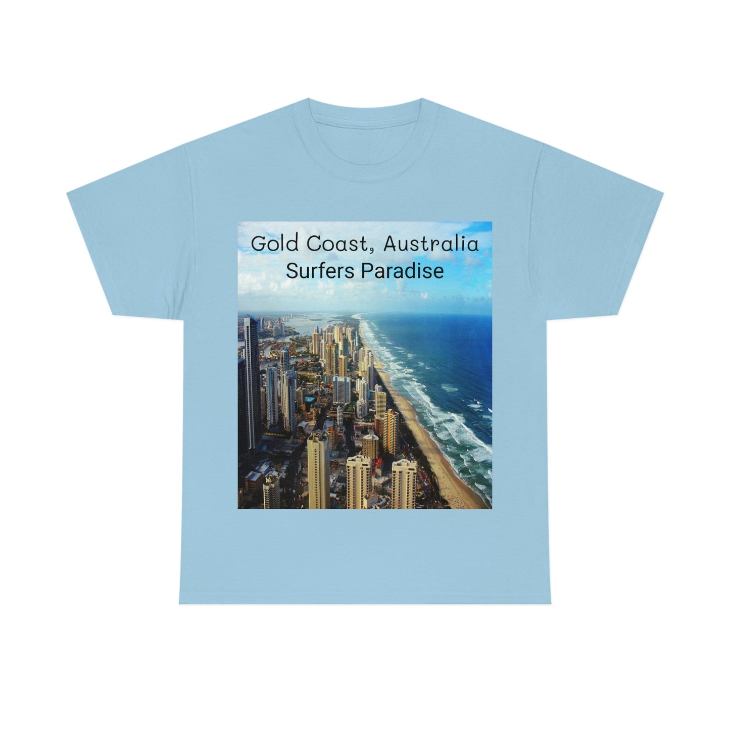 AU-PRINT UNISEX GILDAN 5000 - Heavy Cotton Tee - Gold Coast, Surfer in back - Australia - Printed in AU by The Print Bar - Green Forest Home