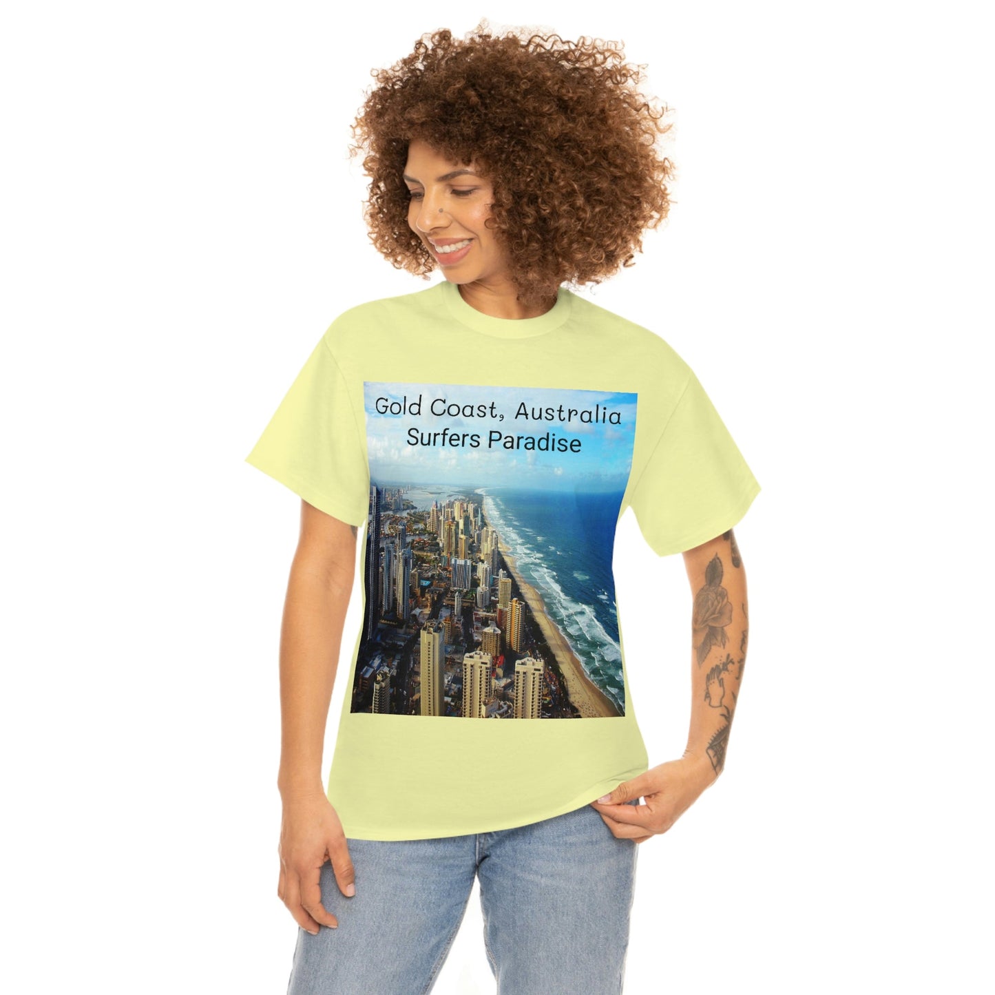 AU-PRINT UNISEX GILDAN 5000 - Heavy Cotton Tee - Gold Coast, Surfer in back - Australia - Printed in AU by The Print Bar - Green Forest Home