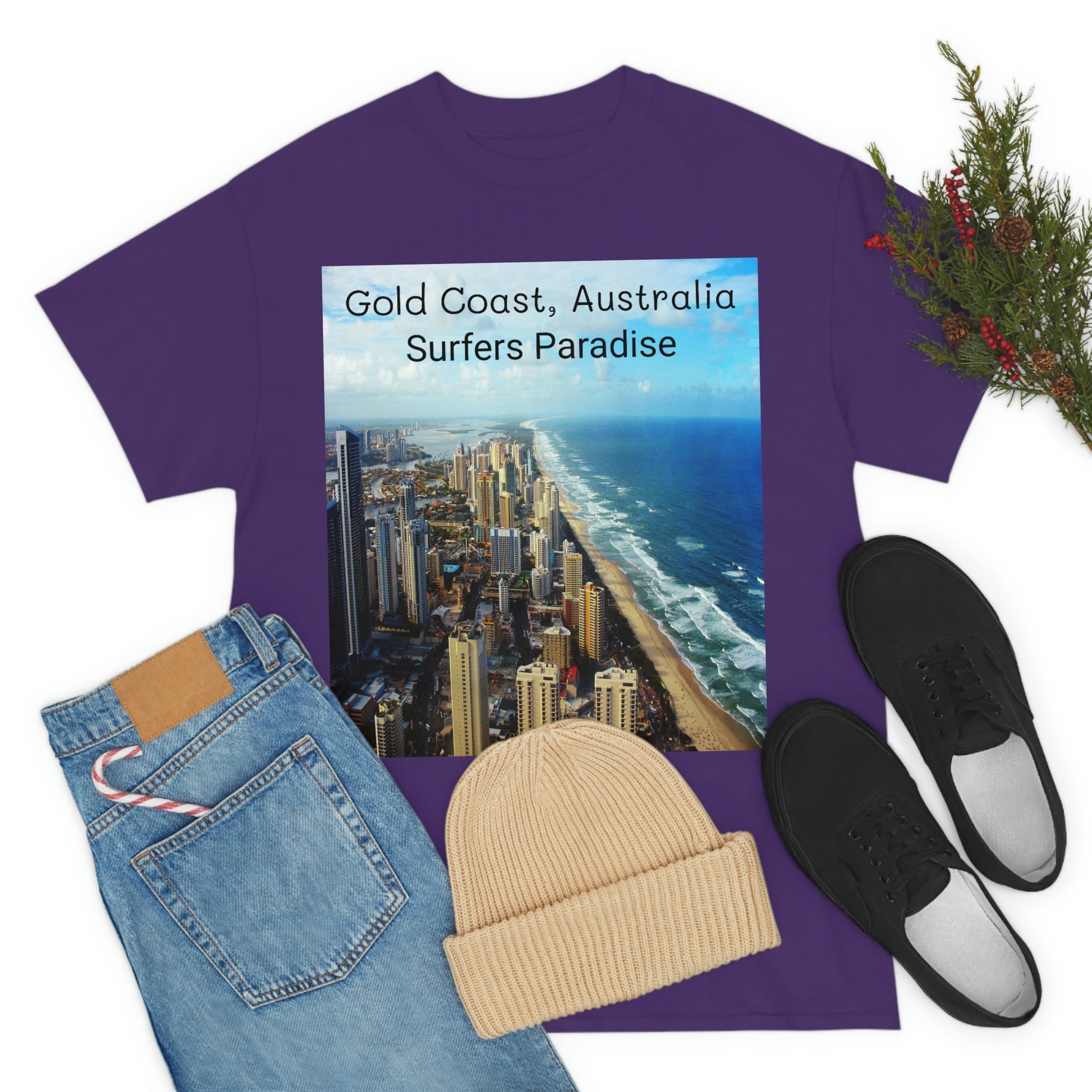 AU-PRINT UNISEX GILDAN 5000 - Heavy Cotton Tee - Gold Coast, Surfer in back - Australia - Printed in AU by The Print Bar - Green Forest Home