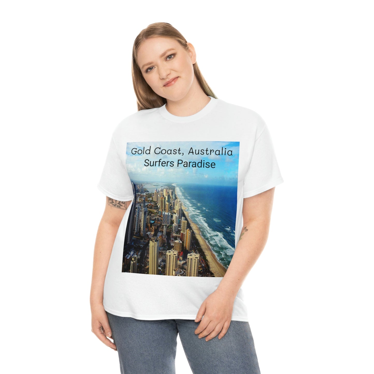 AU-PRINT UNISEX GILDAN 5000 - Heavy Cotton Tee - Gold Coast, Surfer in back - Australia - Printed in AU by The Print Bar - Green Forest Home