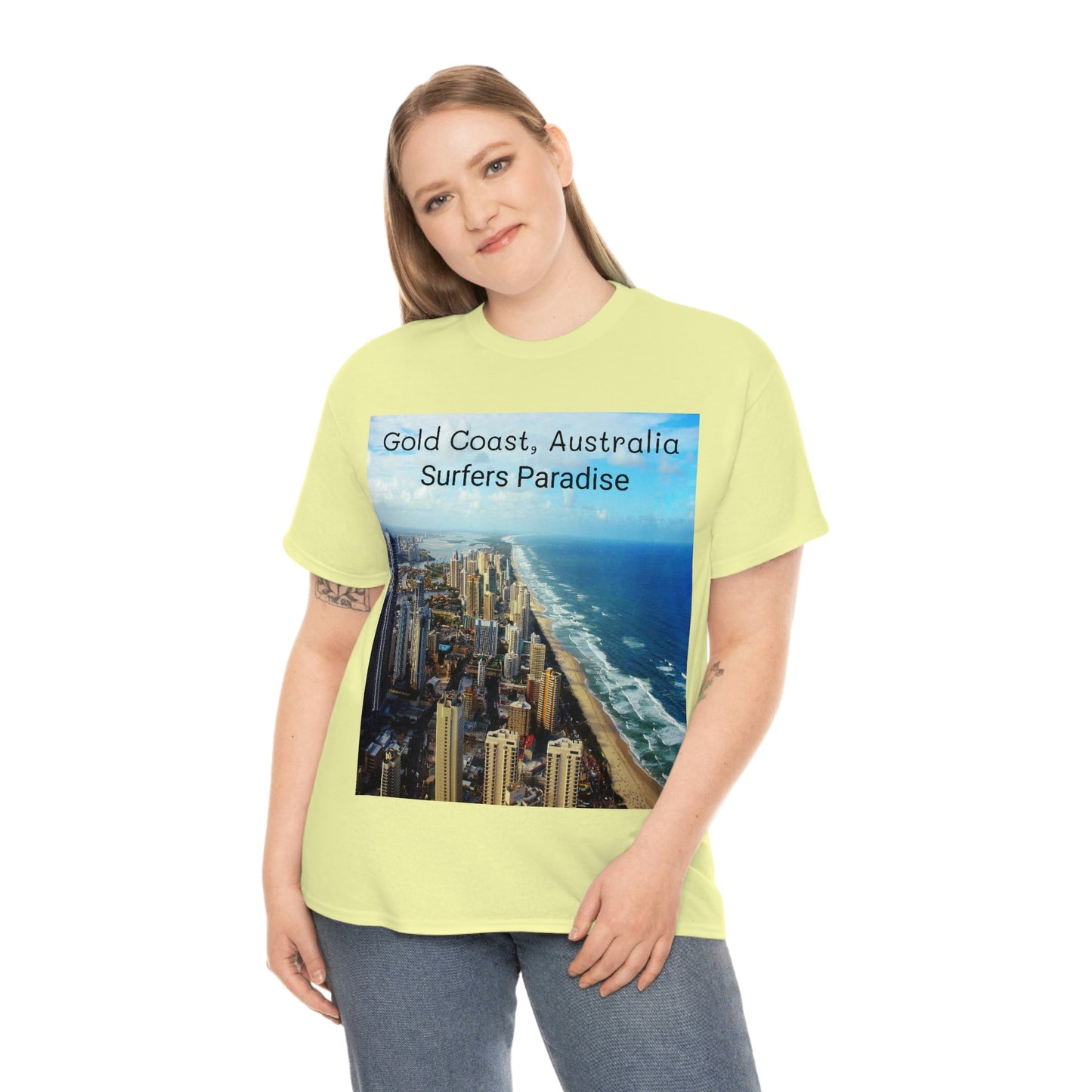 AU-PRINT UNISEX GILDAN 5000 - Heavy Cotton Tee - Gold Coast, Surfer in back - Australia - Printed in AU by The Print Bar - Green Forest Home